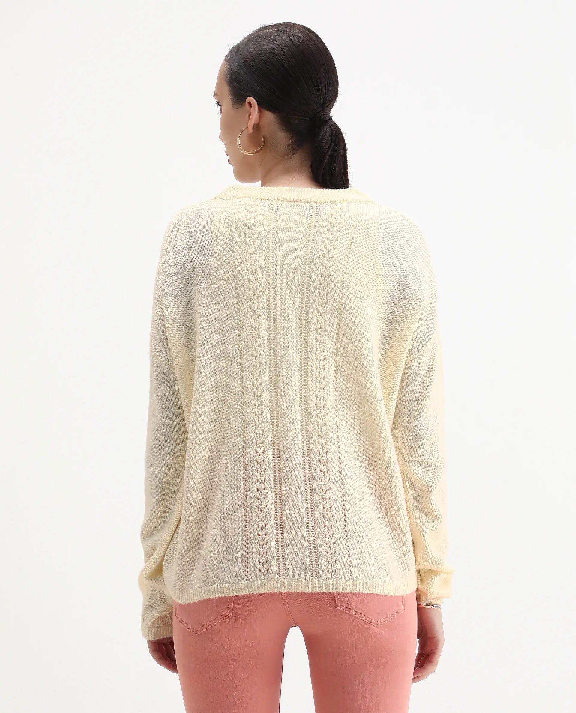 Rareism Women's Viza Off White Acrylic Blend Fabric Crew Neck Relaxed Fit Plain Sweater