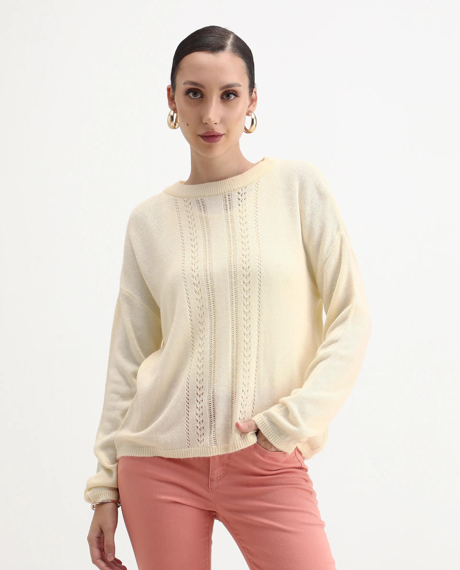 Rareism Women's Viza Off White Acrylic Blend Fabric Crew Neck Relaxed Fit Plain Sweater
