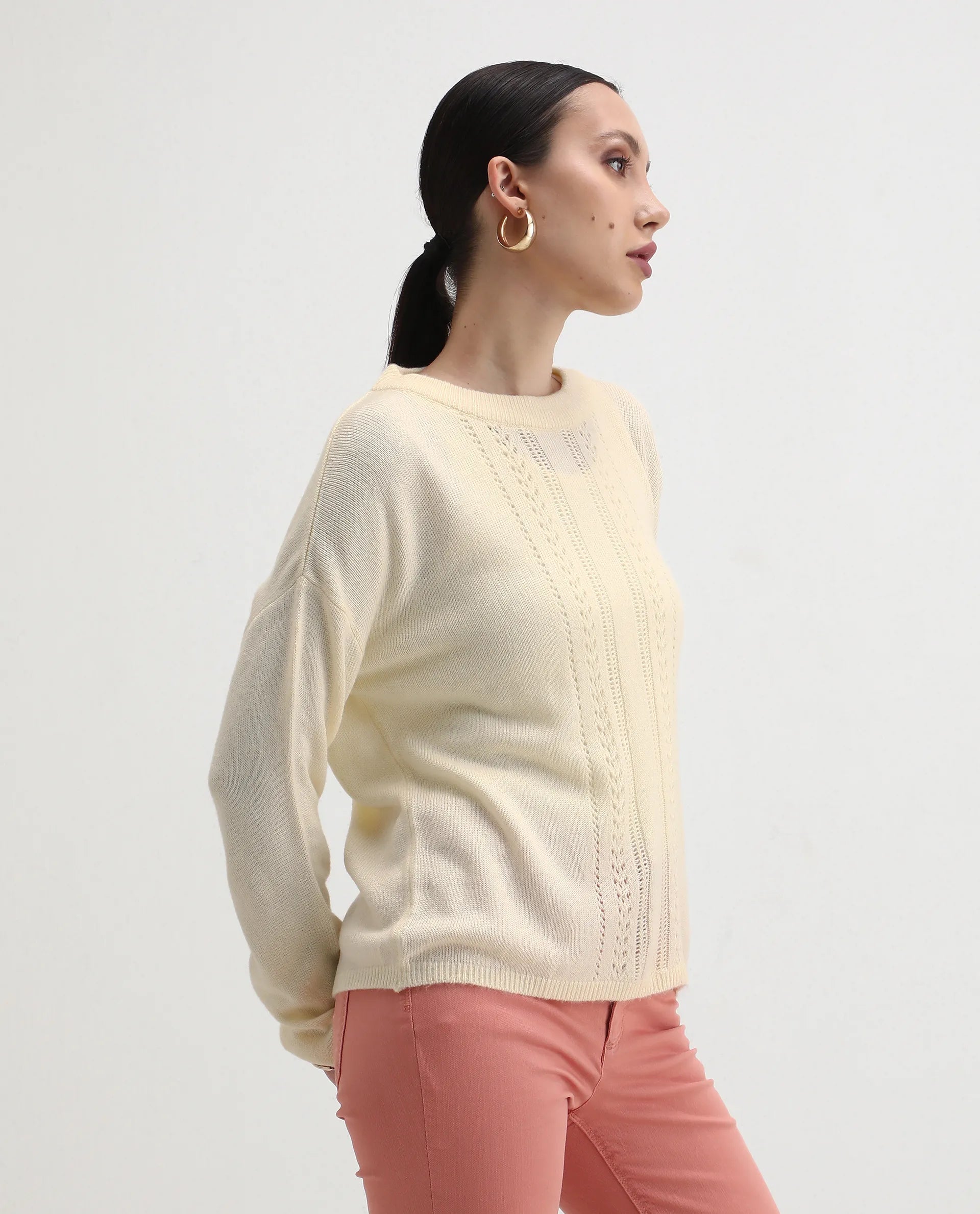 Rareism Women's Viza Off White Acrylic Blend Fabric Crew Neck Relaxed Fit Plain Sweater