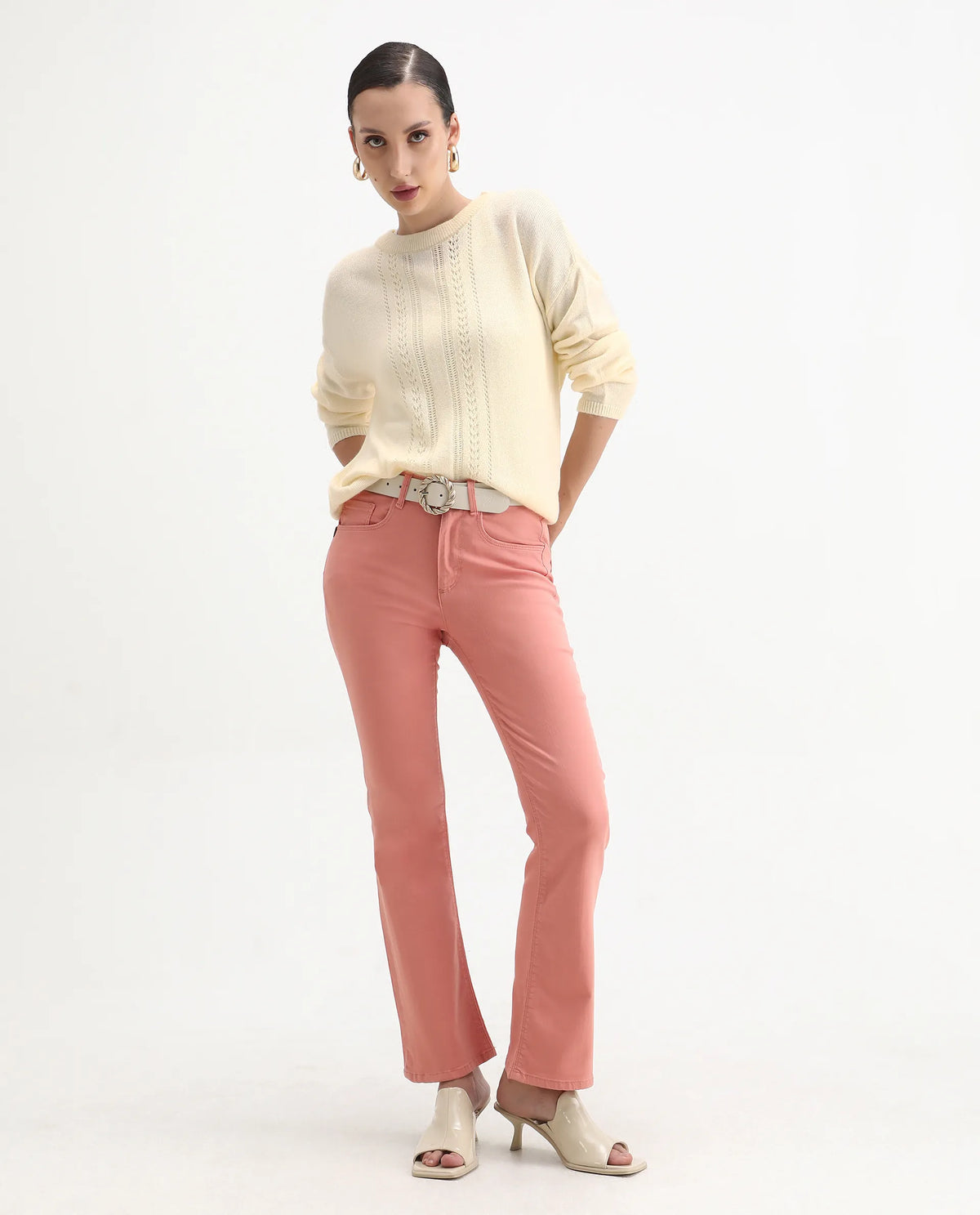 Rareism Women's Viza Off White Acrylic Blend Fabric Crew Neck Relaxed Fit Plain Sweater