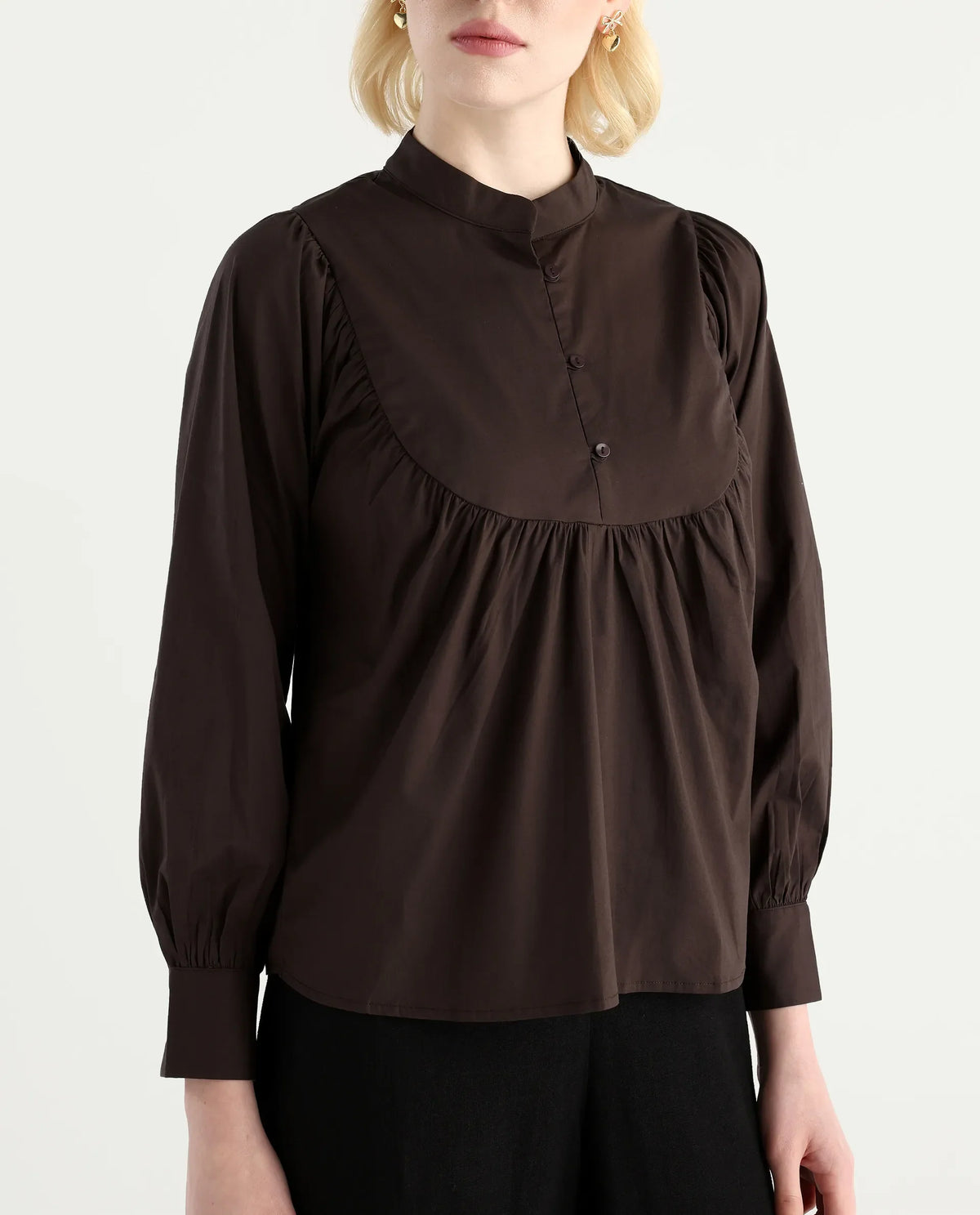 Rareism Women's Vize Brown Cotton Blend High Neck Plain Cuffed Sleeve Relaxed Fit Top