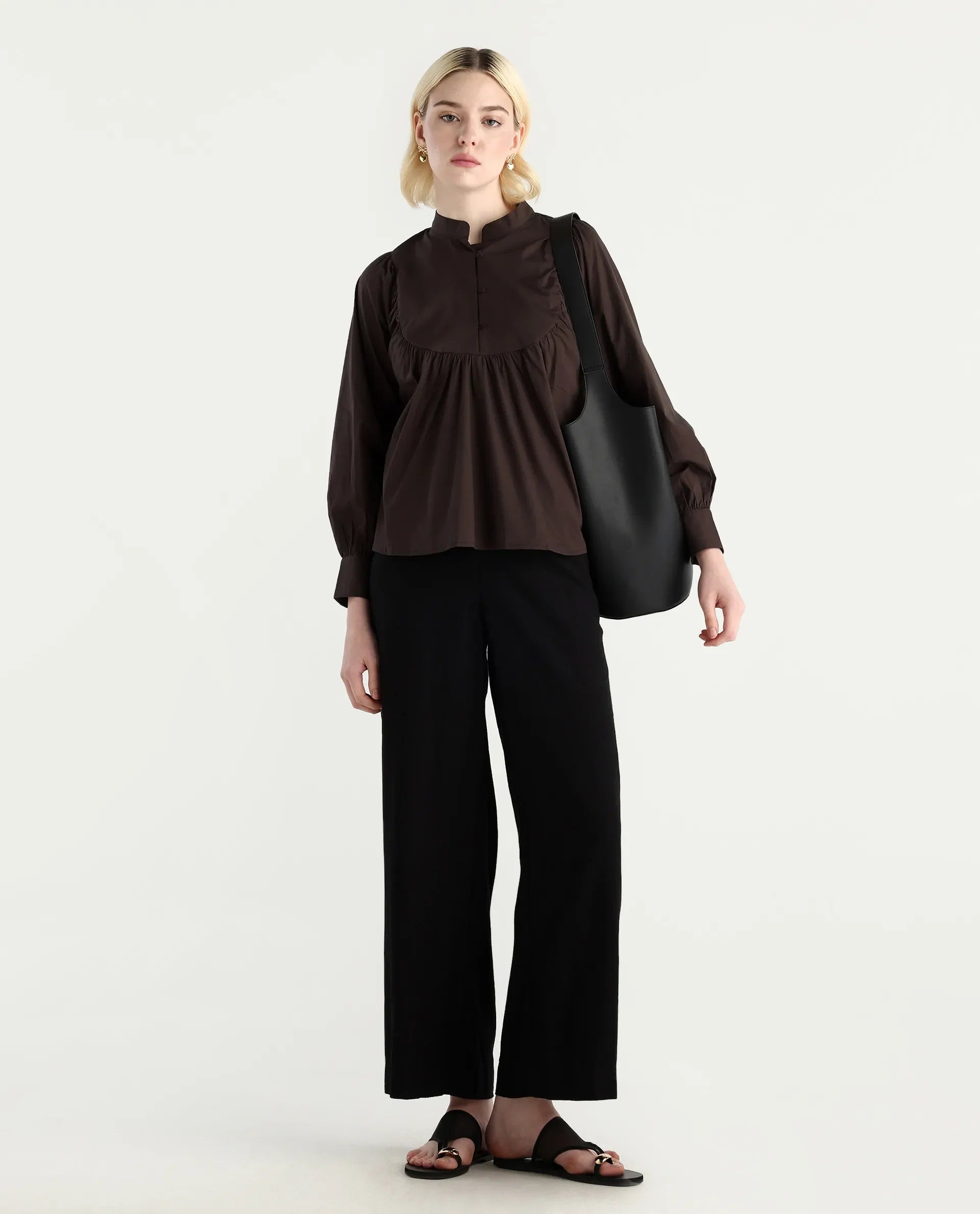 Rareism Women's Vize Brown Cotton Blend High Neck Plain Cuffed Sleeve Relaxed Fit Top