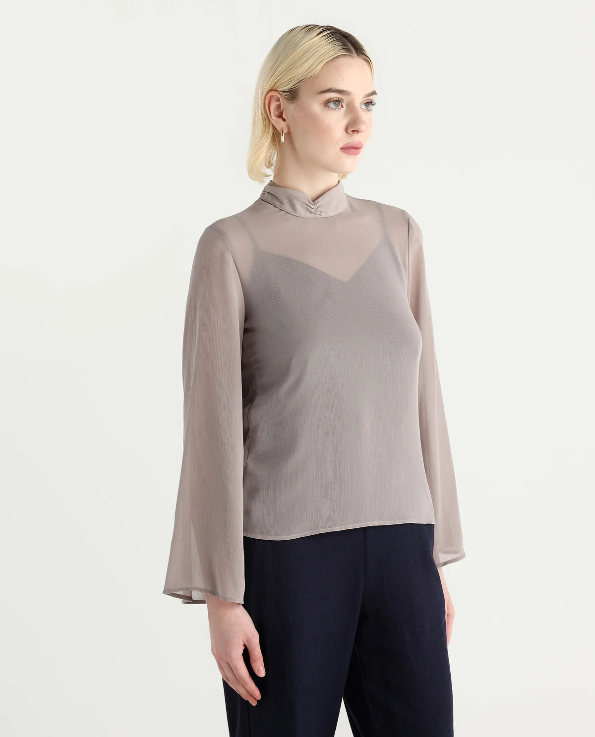 Rareism Women's Vokas Grey Polyester High Neck Plain Bell Sleeve Relaxed Fit Top