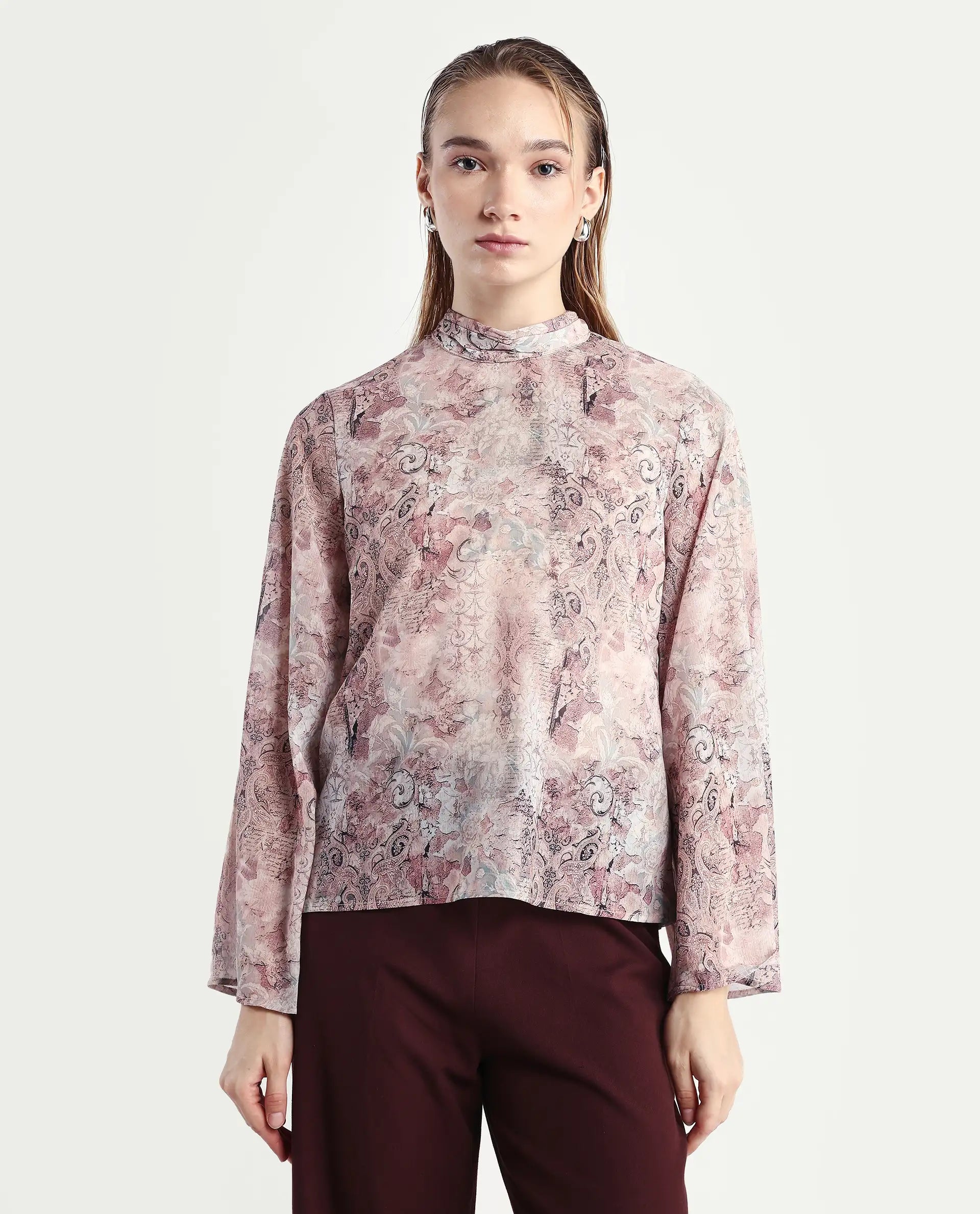 Rareism Women's Vokasna Multi Polyester High Neck Paisley Print Bell Sleeve Relaxed Fit Top