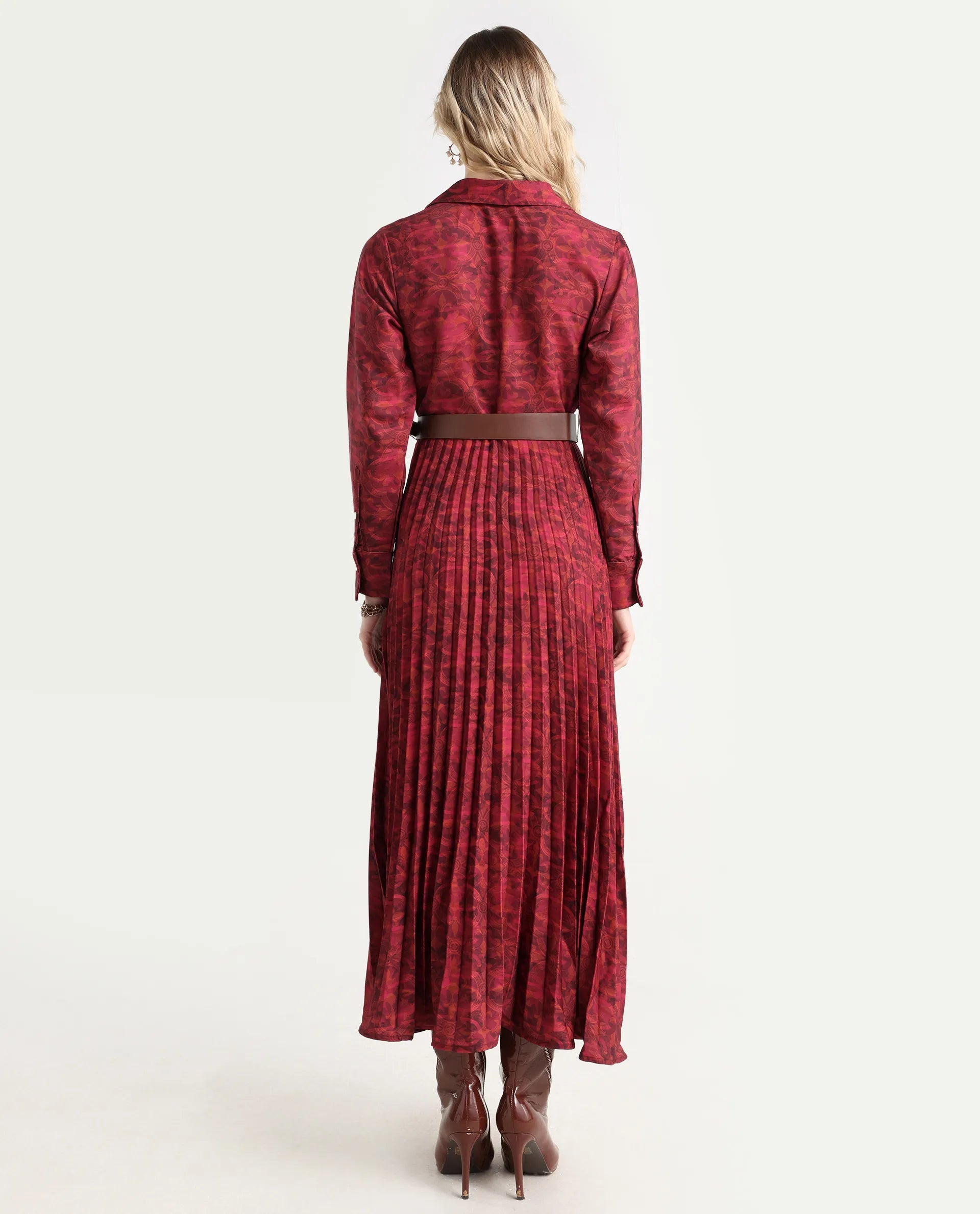 Rareism Women's Verde Multi Polyester Blend Drop Collar Floral Print Cuffed Sleeve Maxi Flared Dress