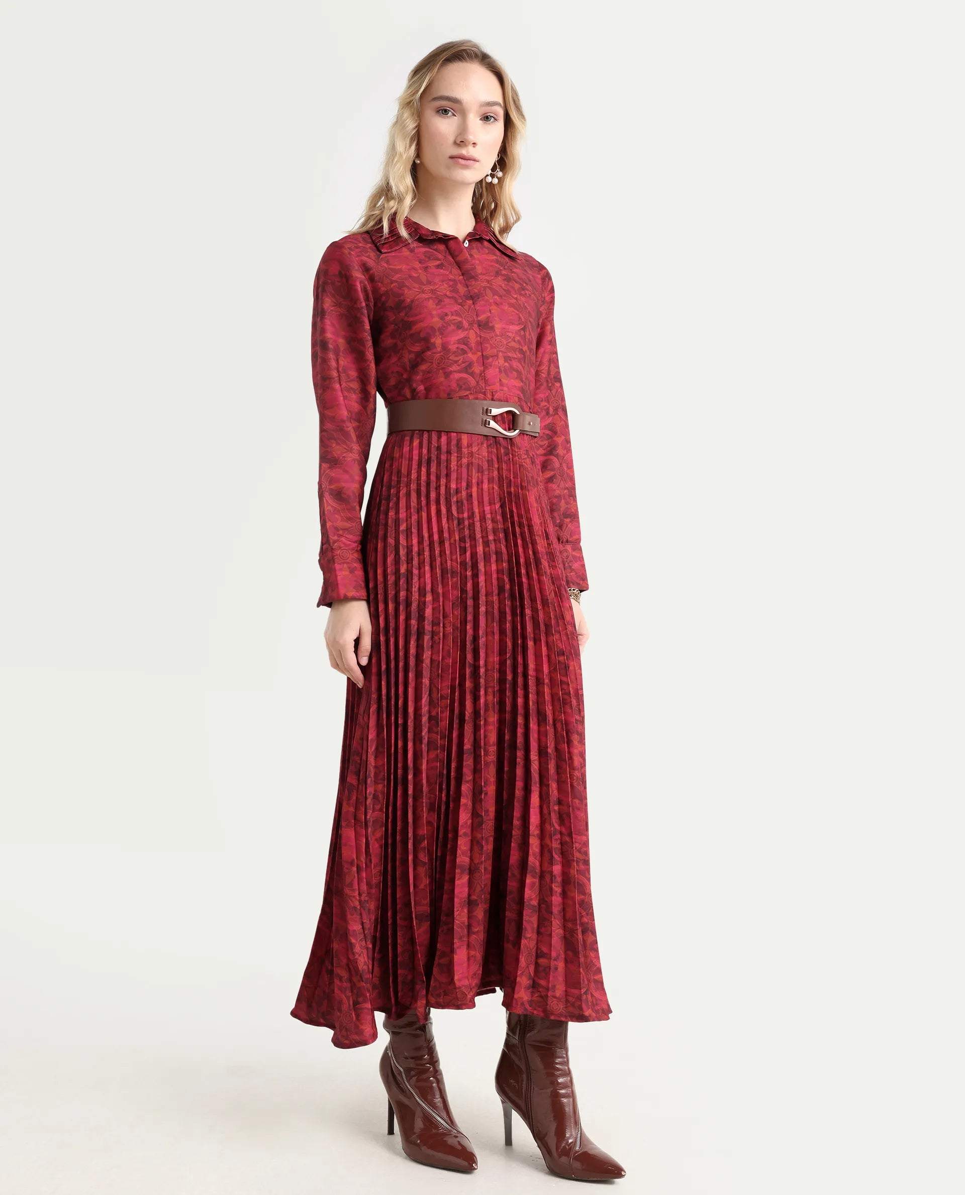 Rareism Women's Verde Multi Polyester Blend Drop Collar Floral Print Cuffed Sleeve Maxi Flared Dress