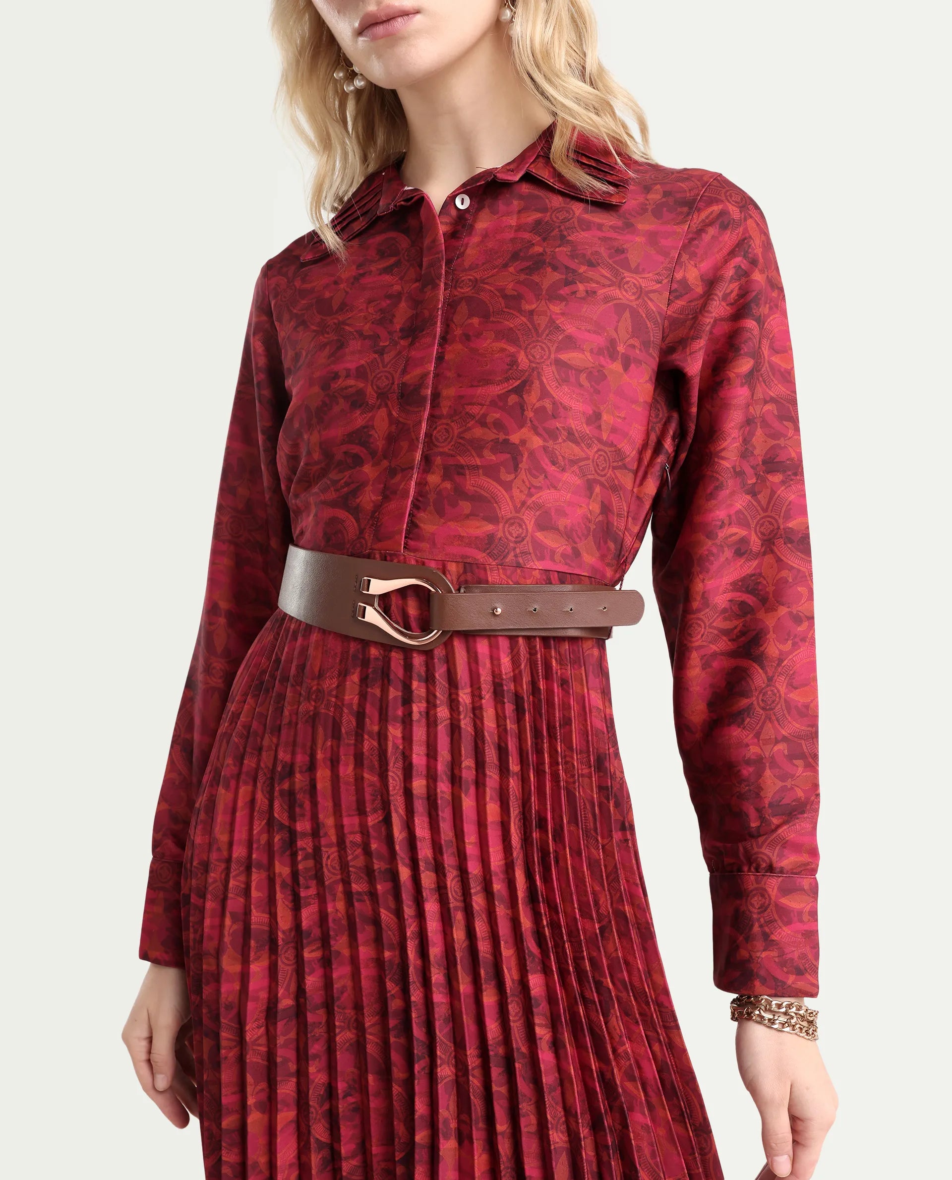 Rareism Women's Verde Multi Polyester Blend Drop Collar Floral Print Cuffed Sleeve Maxi Flared Dress