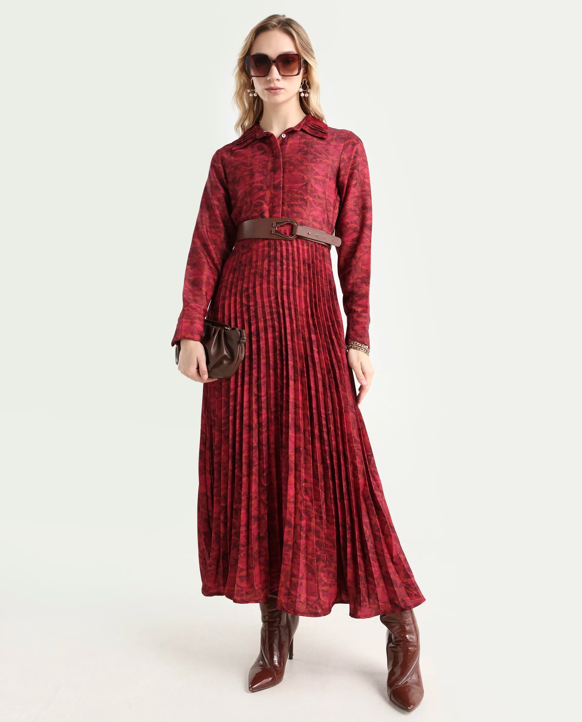 Rareism Women's Verde Multi Polyester Blend Drop Collar Floral Print Cuffed Sleeve Maxi Flared Dress