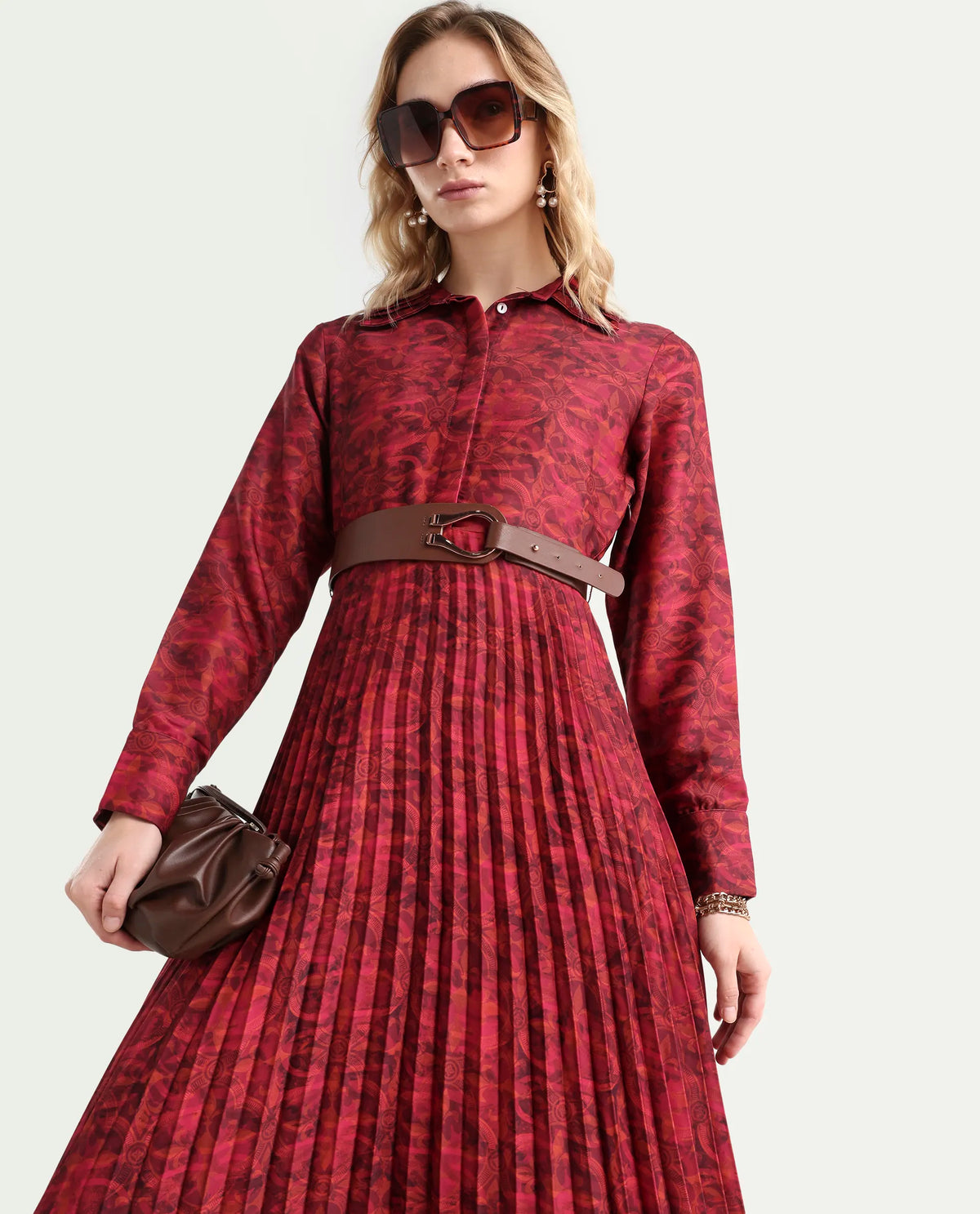 Rareism Women's Verde Multi Polyester Blend Drop Collar Floral Print Cuffed Sleeve Maxi Flared Dress