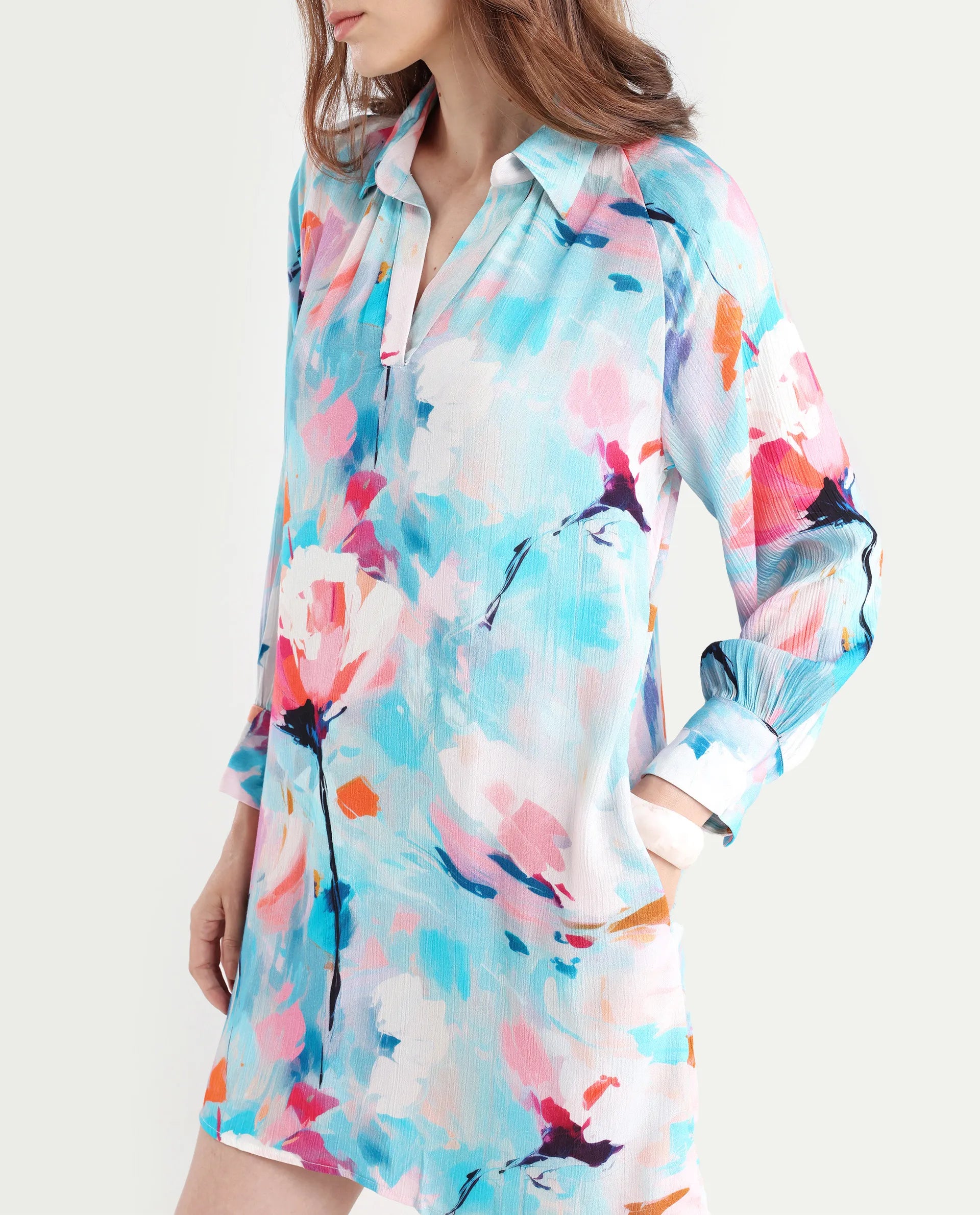 Rareism Women's Wadd Flouroscent Multi Viscose Drop Collar Floral Print Mini Regular Fit Dress