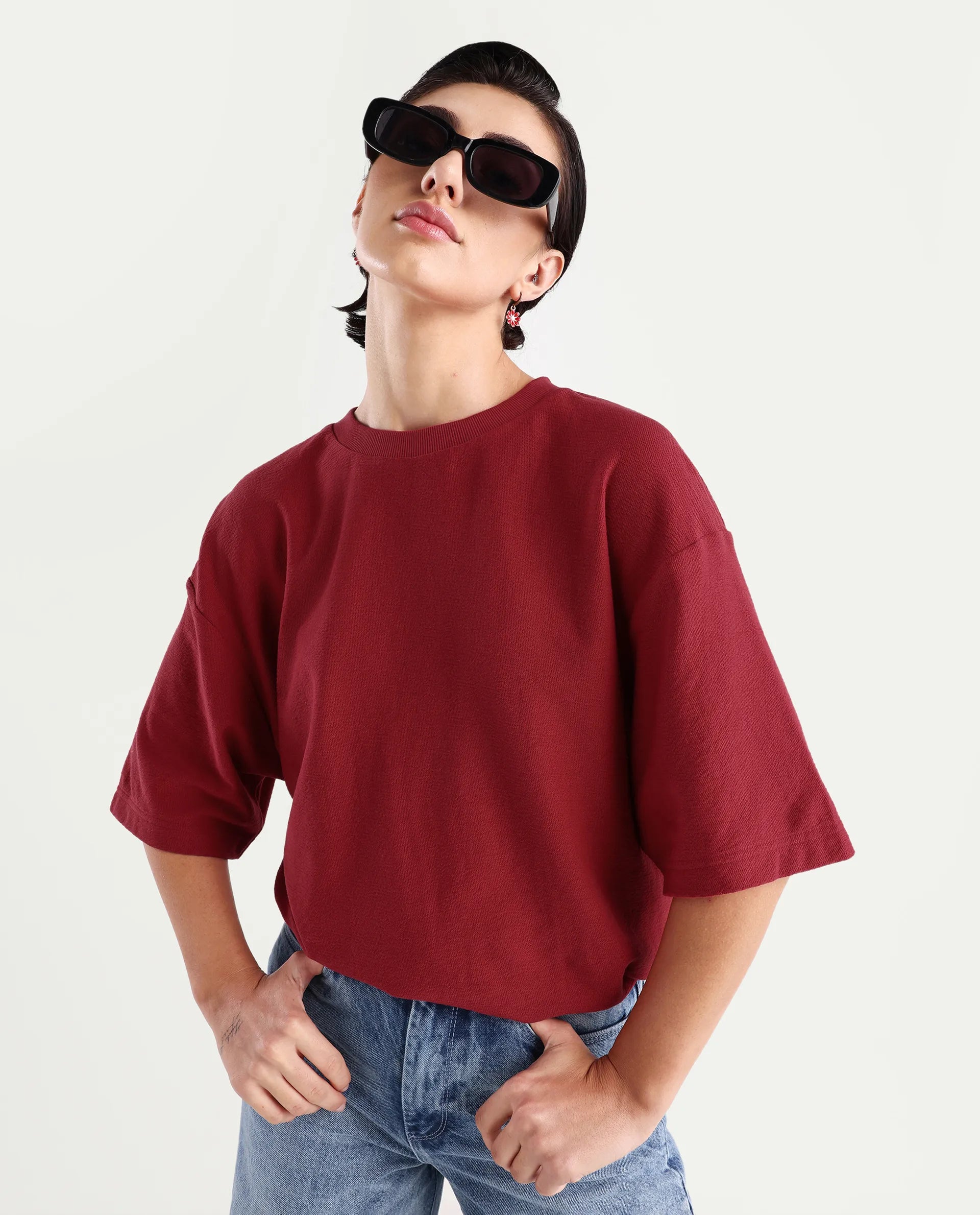 Rareism Women's Wahre Red Cotton Graphic Print Oversized T-Shirt