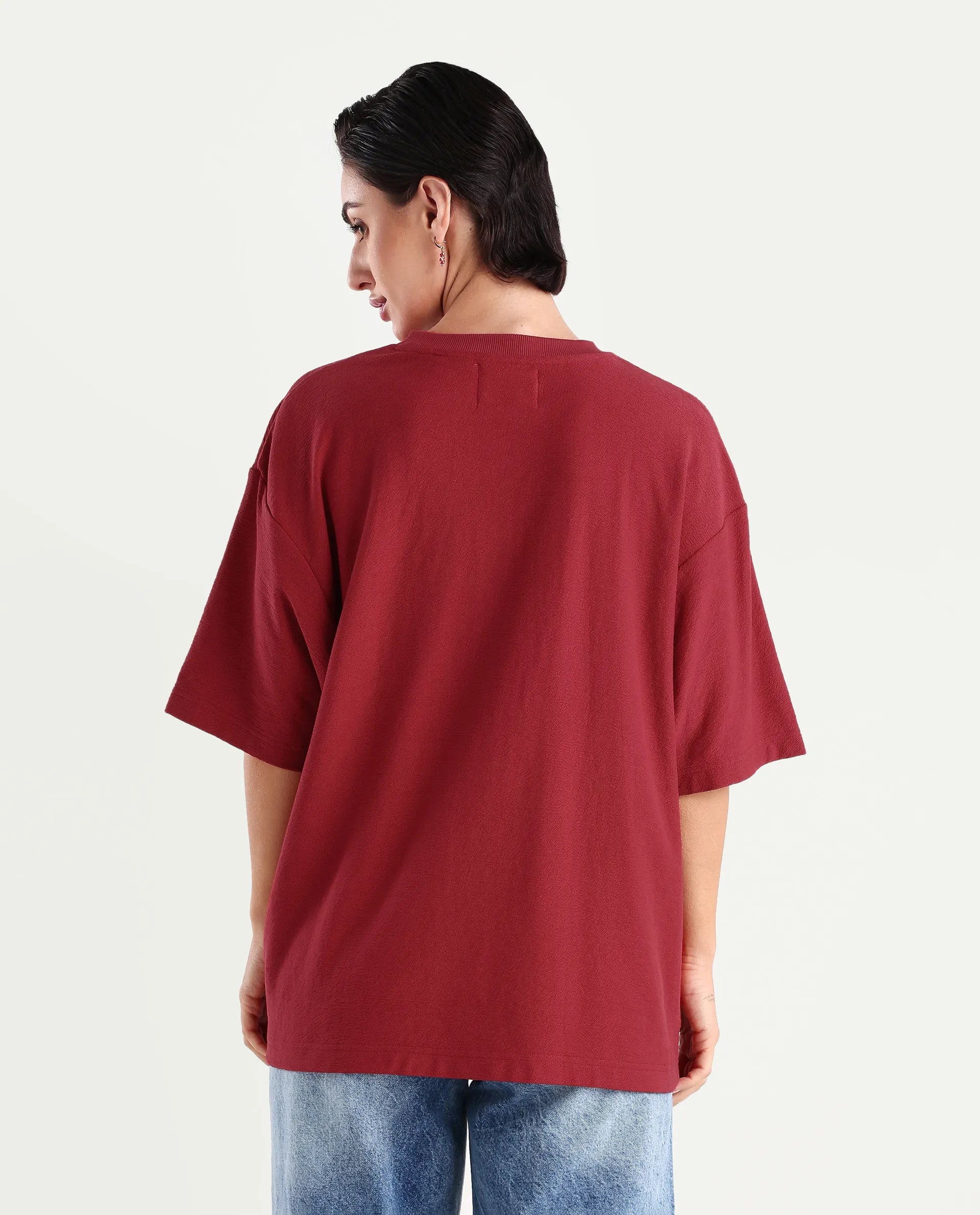 Rareism Women's Wahre Red Cotton Graphic Print Oversized T-Shirt