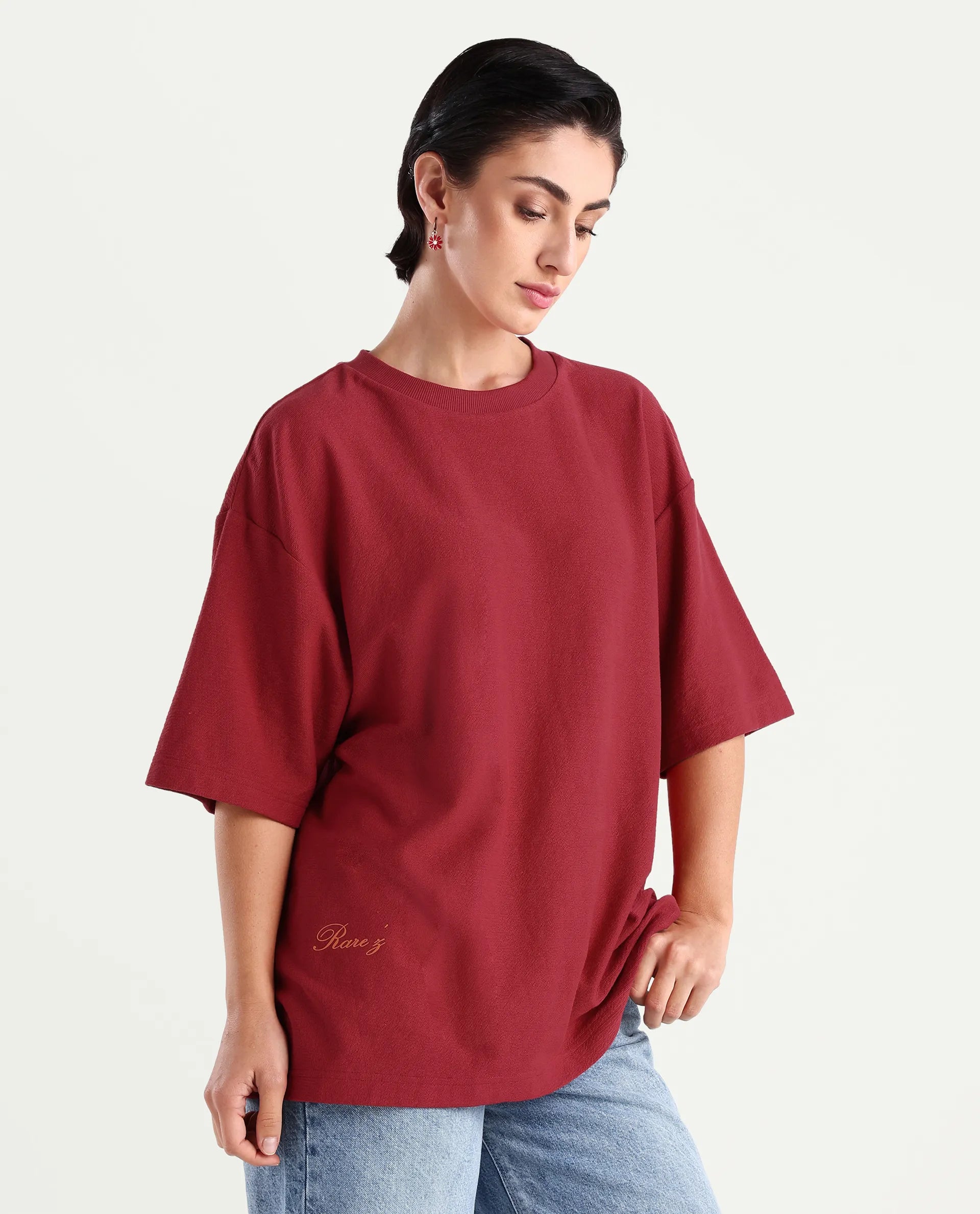 Rareism Women's Wahre Red Cotton Graphic Print Oversized T-Shirt