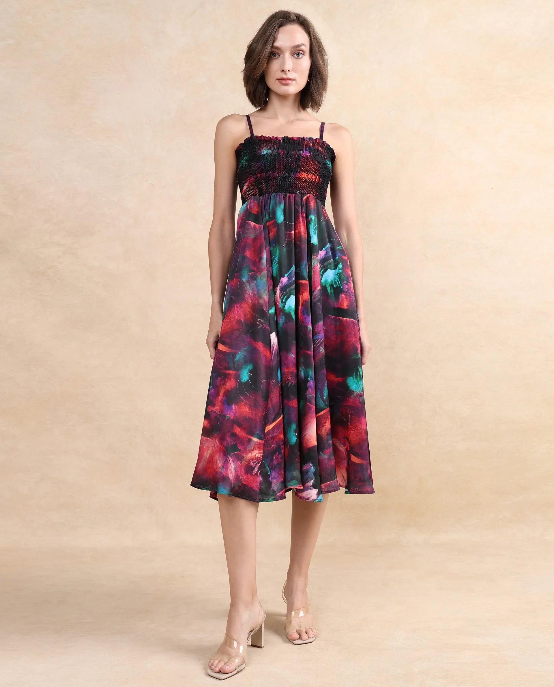 Rareism Women Walbania Dark Multi Sleeveless Tube Neck Fit And Flare Midi Floral Print Dress