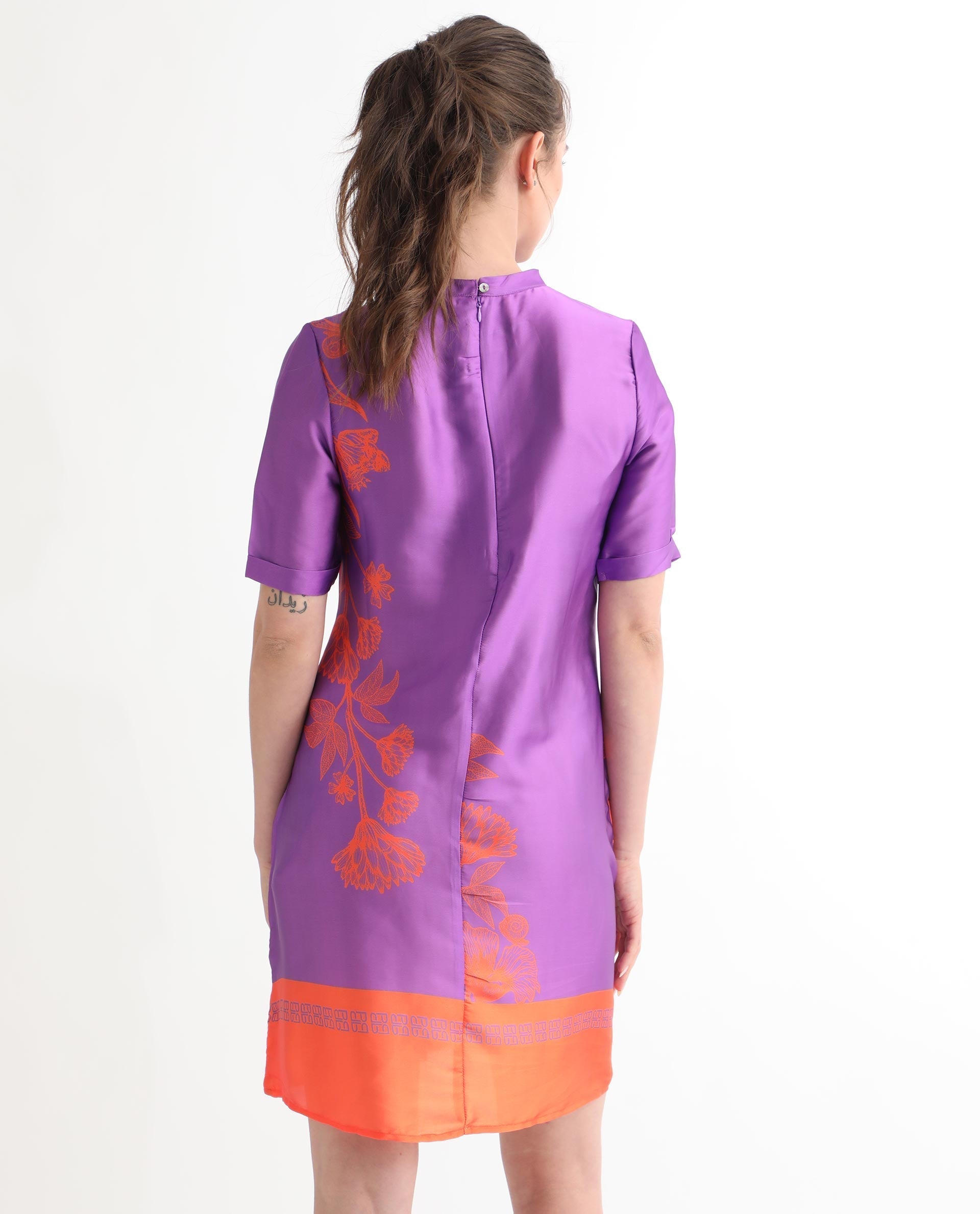 Rareism Women Walker Purple Polyester Fabric Short Sleeves Zip Closure High Neck Regular Fit Floral Print Short Boxy Dress