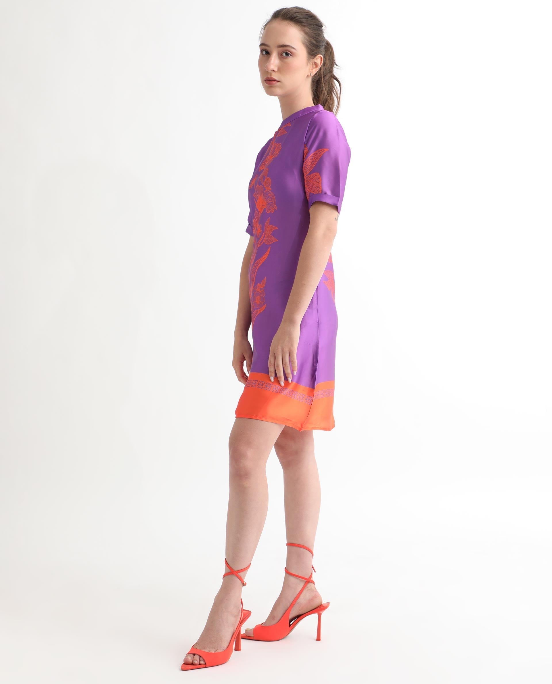 Rareism Women Walker Purple Polyester Fabric Short Sleeves Zip Closure High Neck Regular Fit Floral Print Short Boxy Dress