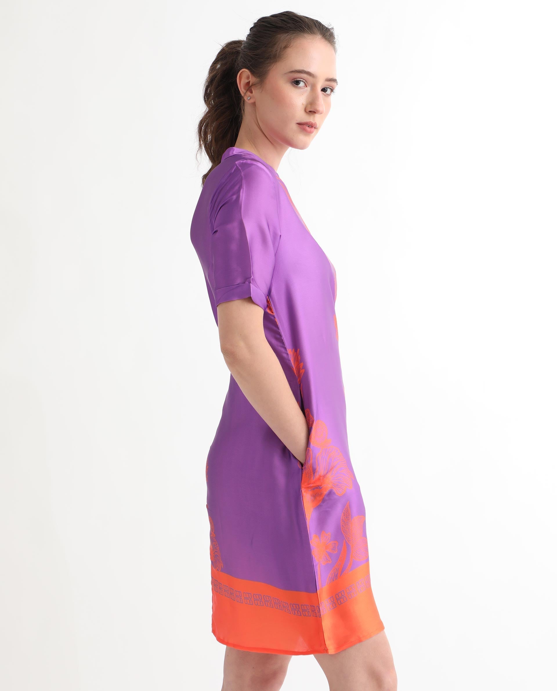 Rareism Women Walker Purple Polyester Fabric Short Sleeves Zip Closure High Neck Regular Fit Floral Print Short Boxy Dress