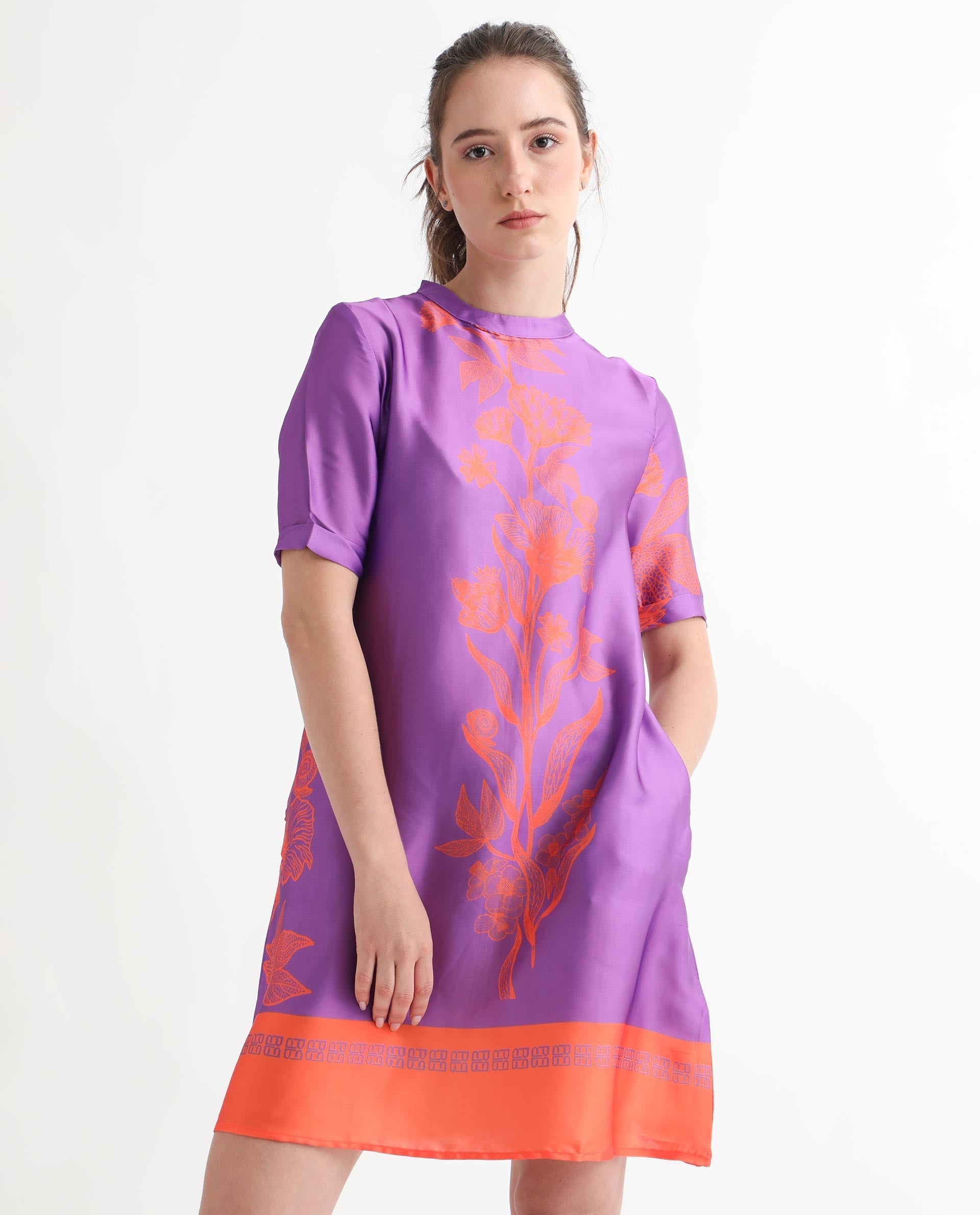 Rareism Women's Walker Purple Polyester High Neck Floral Print Mini Regular Fit Dress