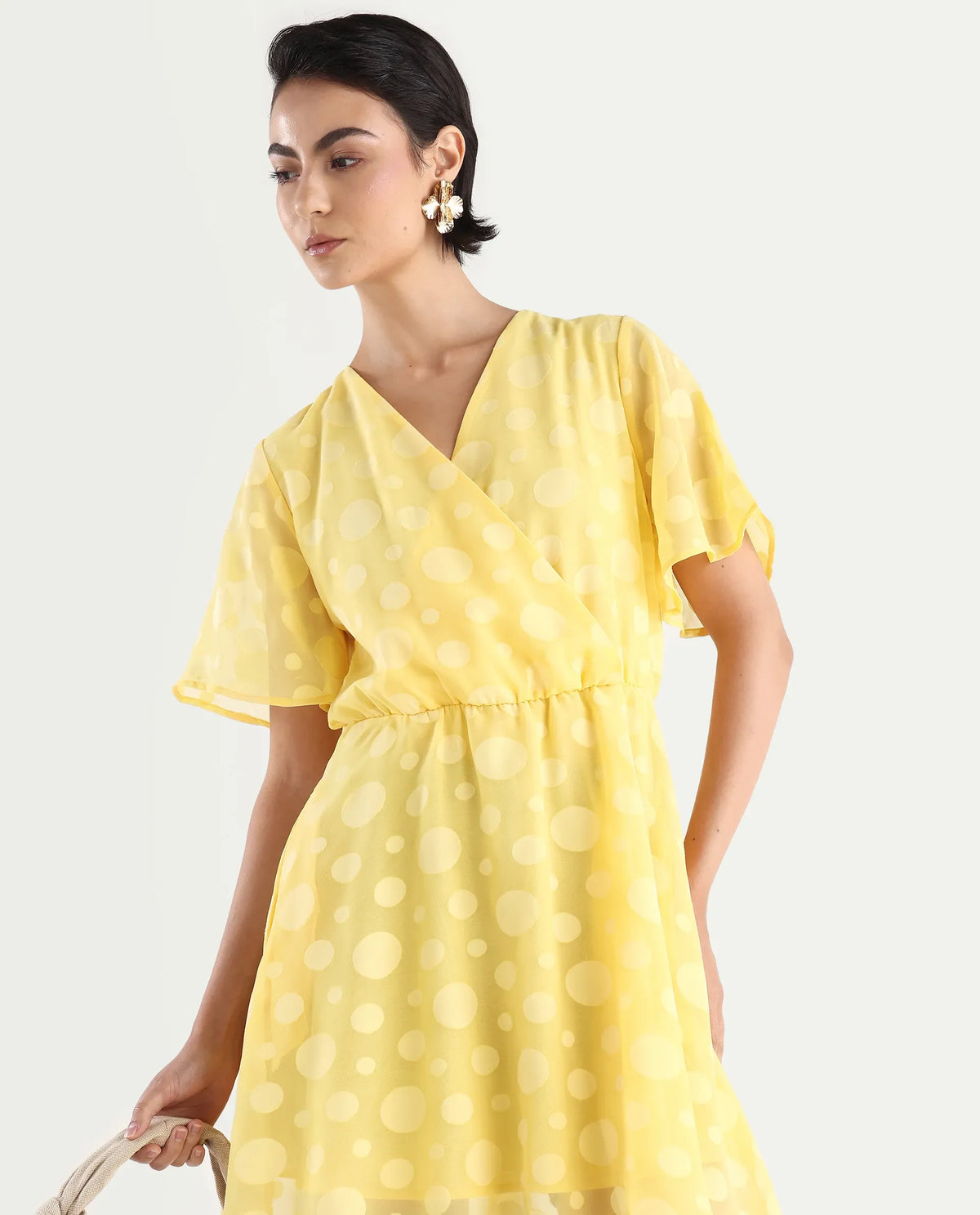 Rareism Women's Wallant Yellow Polyester Blend Key Hole Neck Polka Print Mini Fit And Flare Dress