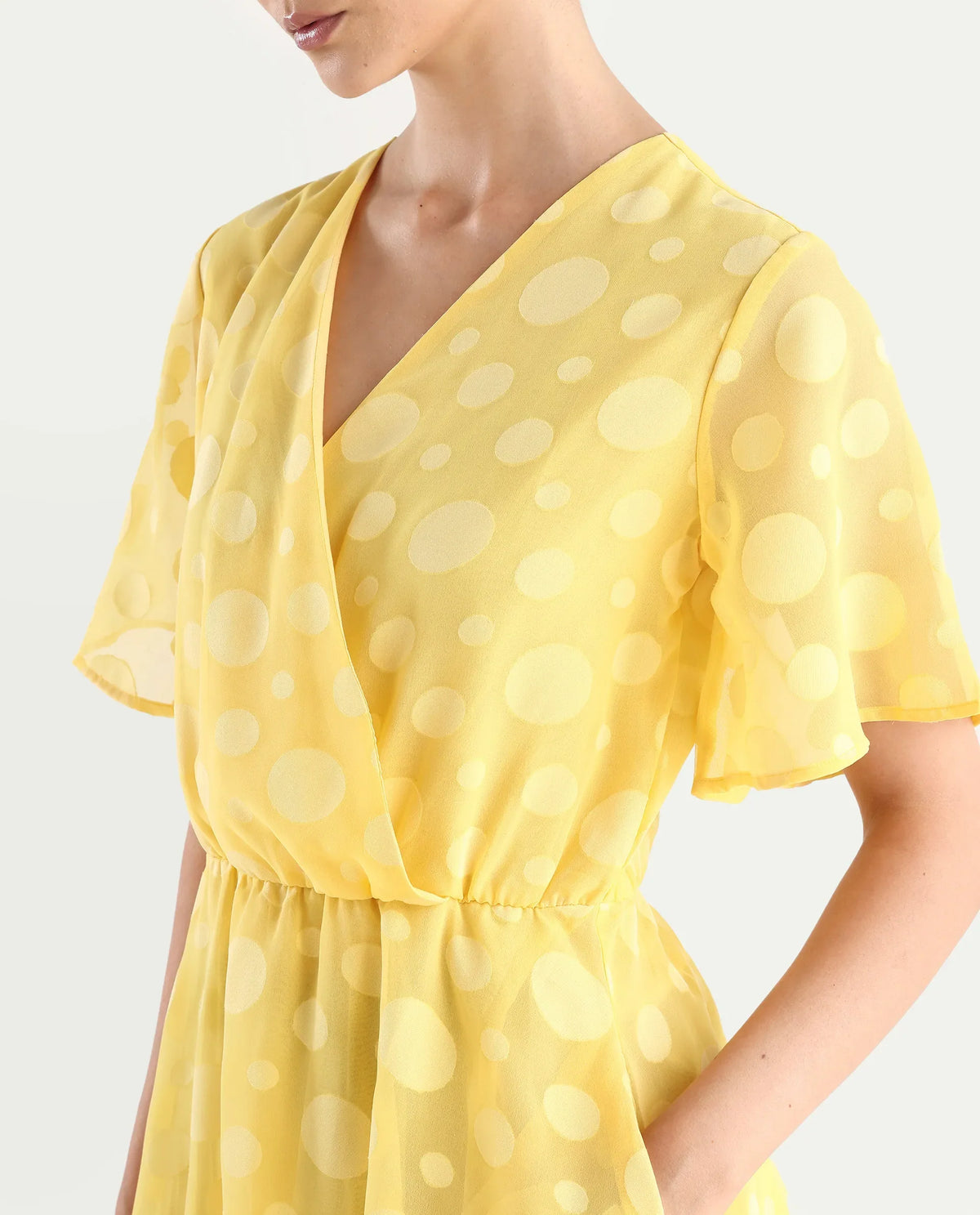 Rareism Women's Wallant Yellow Polyester Blend Key Hole Neck Polka Print Mini Fit And Flare Dress