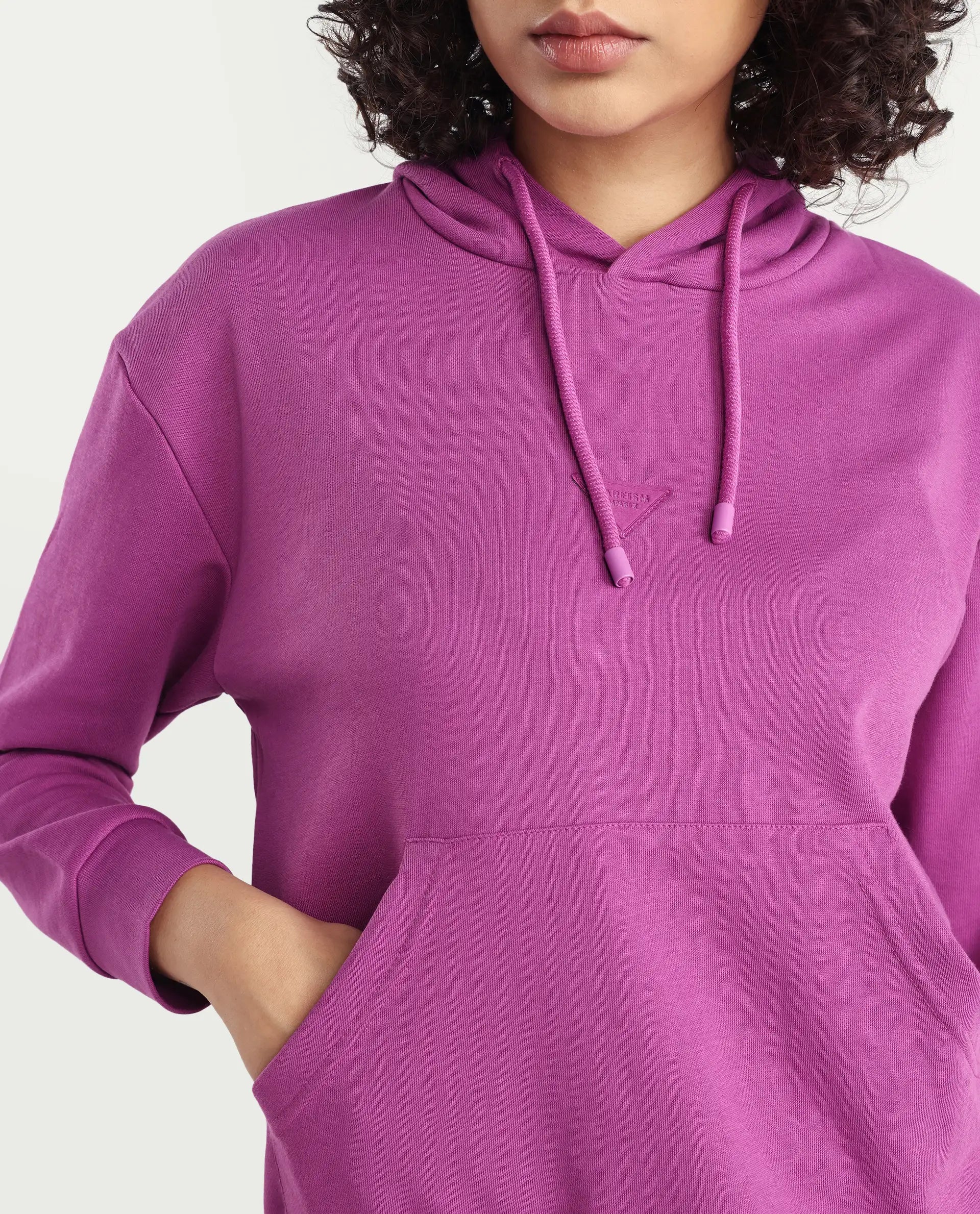 Rareism Women's Wally-1 Purple Cotton Blend Hooded Plain Relaxed Fit Sweatshirt