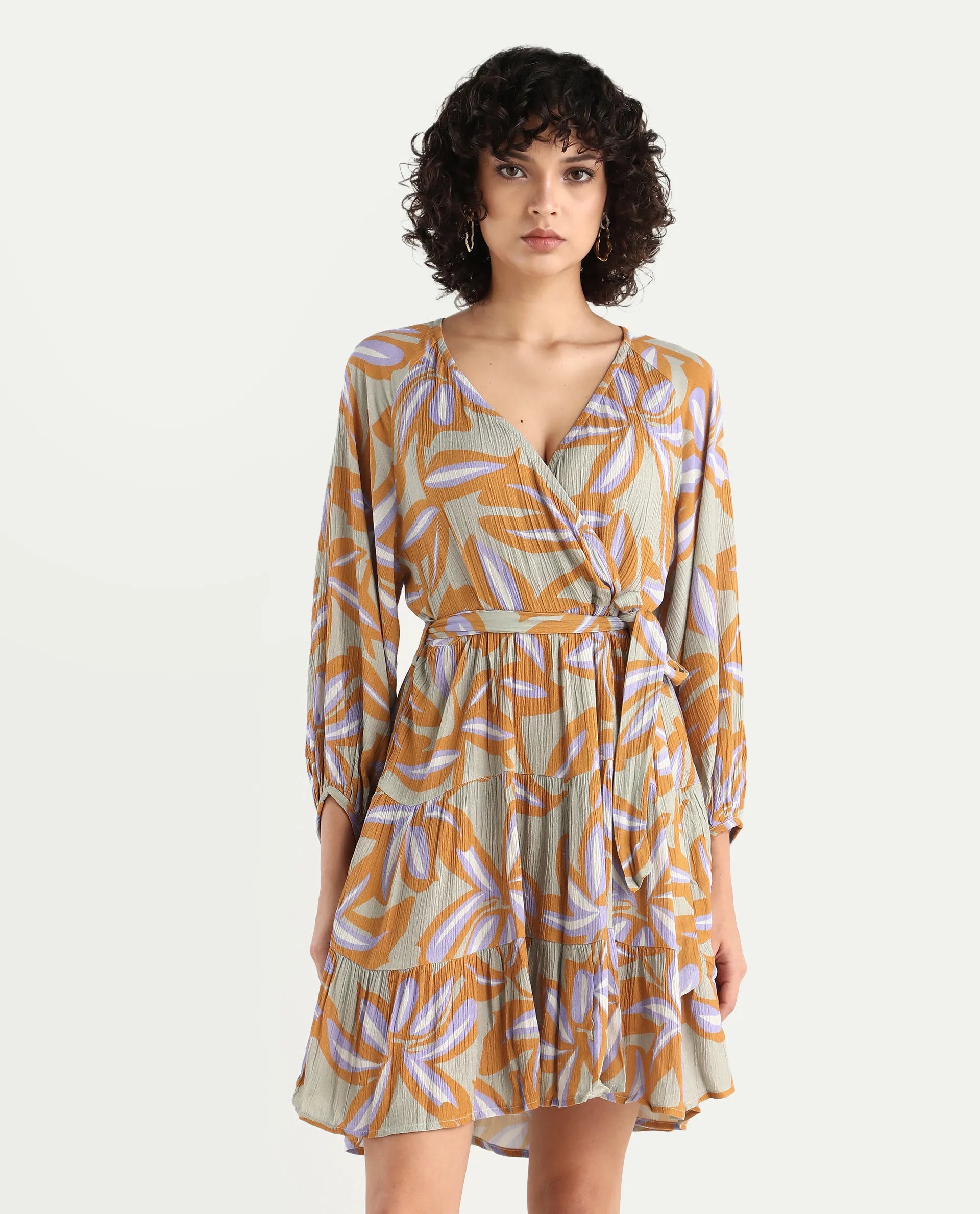 Rareism Women's Walter Light Multi Viscose Overlap Neck Abstract Print Raglan Sleeve Mini Fit And Flare Dress