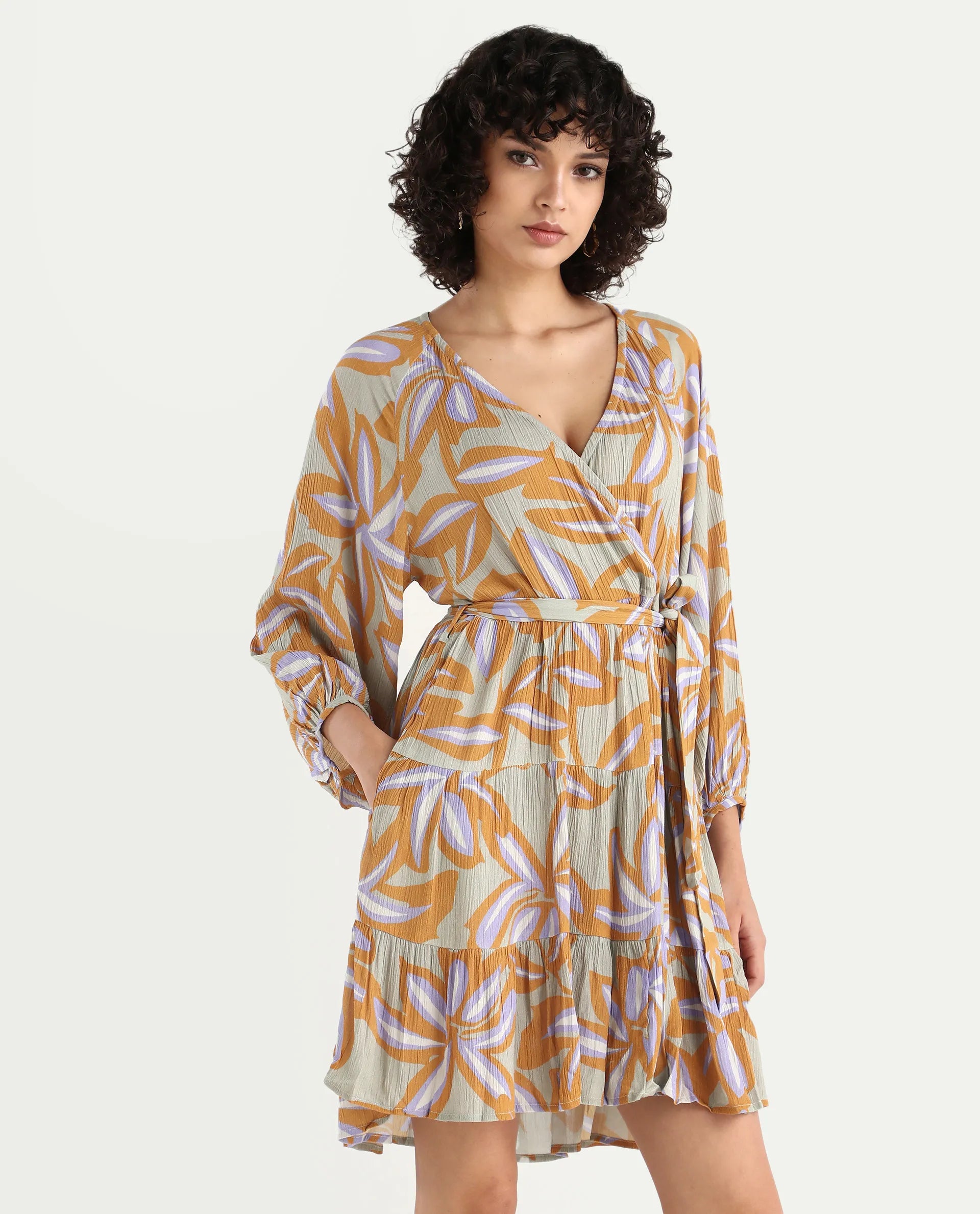 Rareism Women's Walter Light Multi Viscose Overlap Neck Abstract Print Raglan Sleeve Mini Fit And Flare Dress
