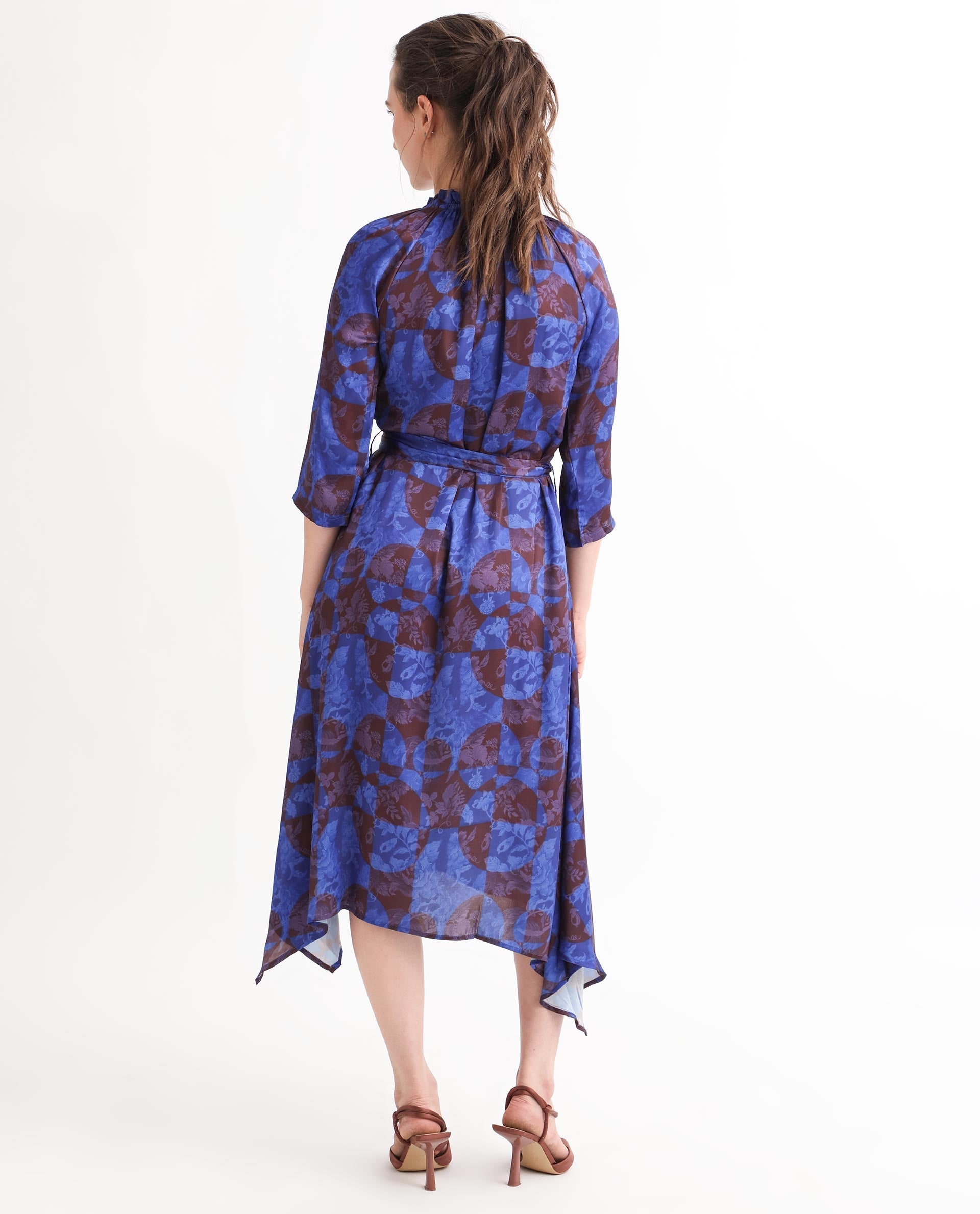 Rareism Women's Watson Brown Polyester Tie-Up Neck Floral Print Knee Length Regular Fit Dress