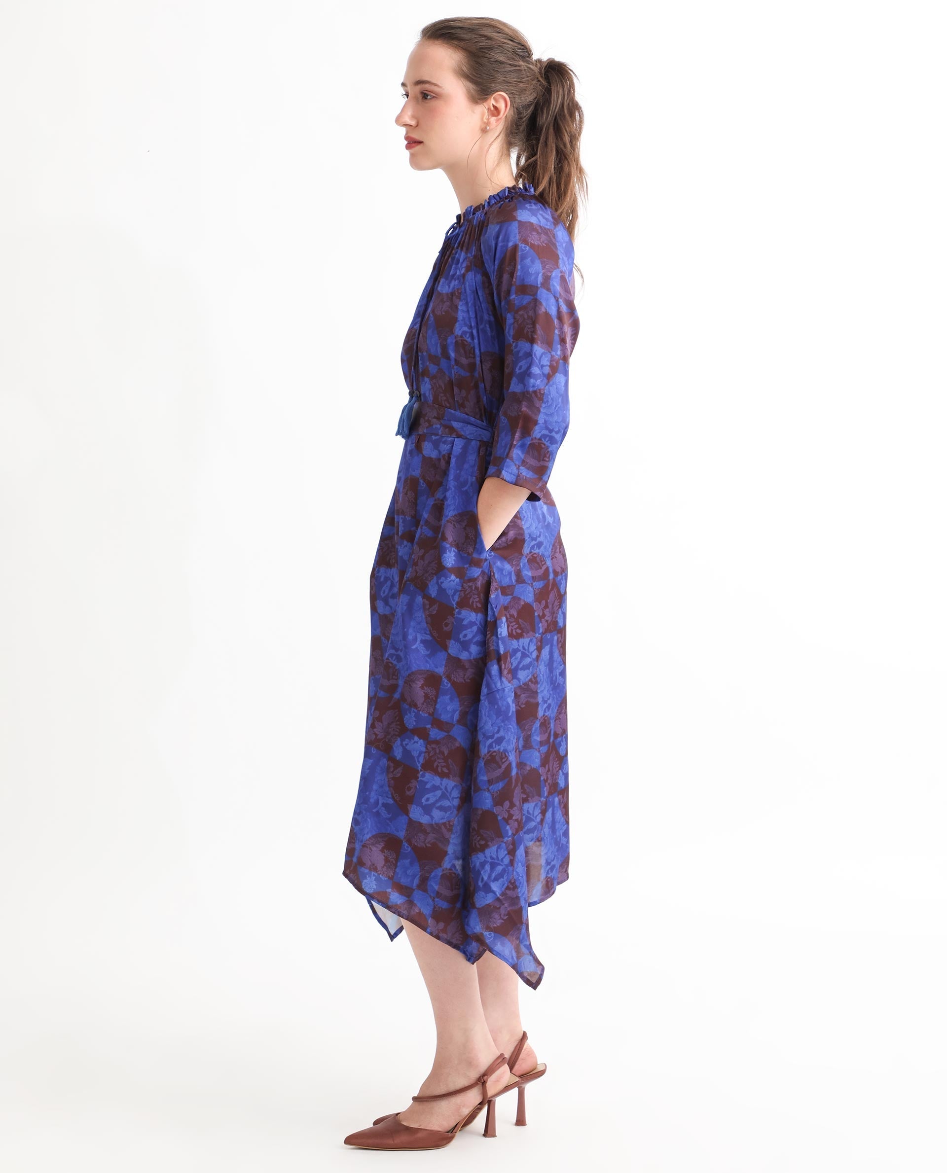 Rareism Women's Watson Brown Polyester Tie-Up Neck Floral Print Knee Length Regular Fit Dress