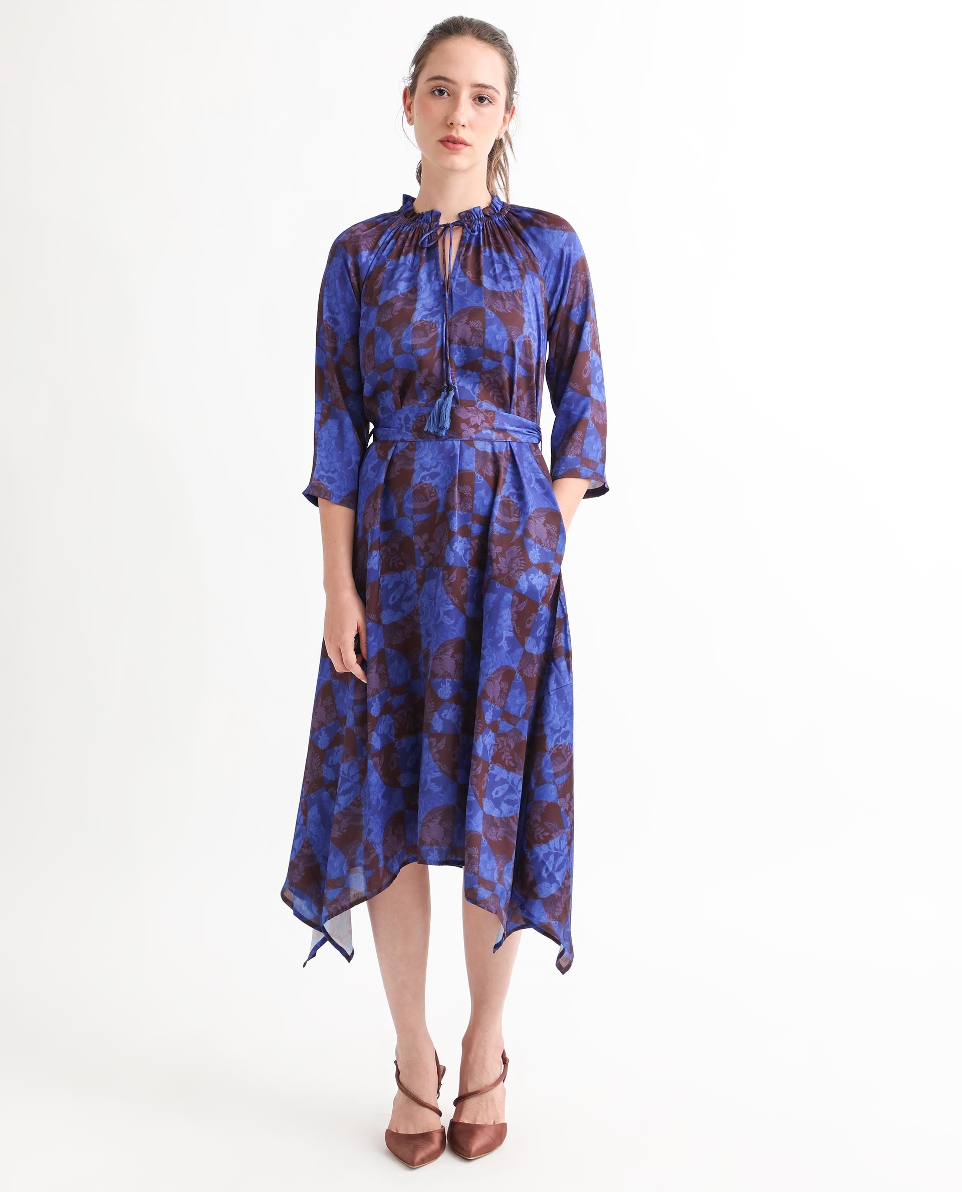 Rareism Women's Watson Brown Polyester Tie-Up Neck Floral Print Knee Length Regular Fit Dress