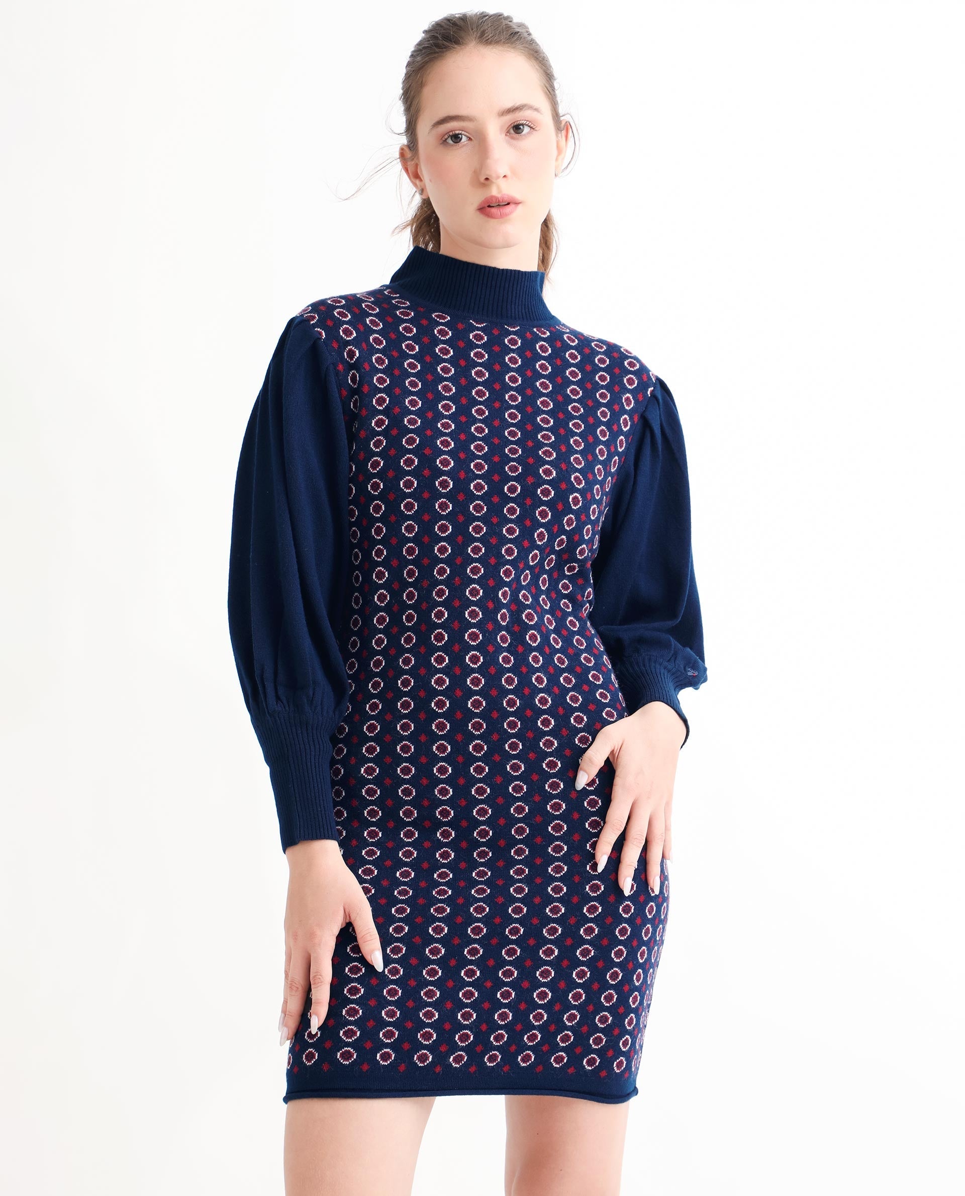 Rareism Women's Web Navy Acrylic High Neck Geometric Print Bishop Sleeve Knee Length Regular Fit Sweater