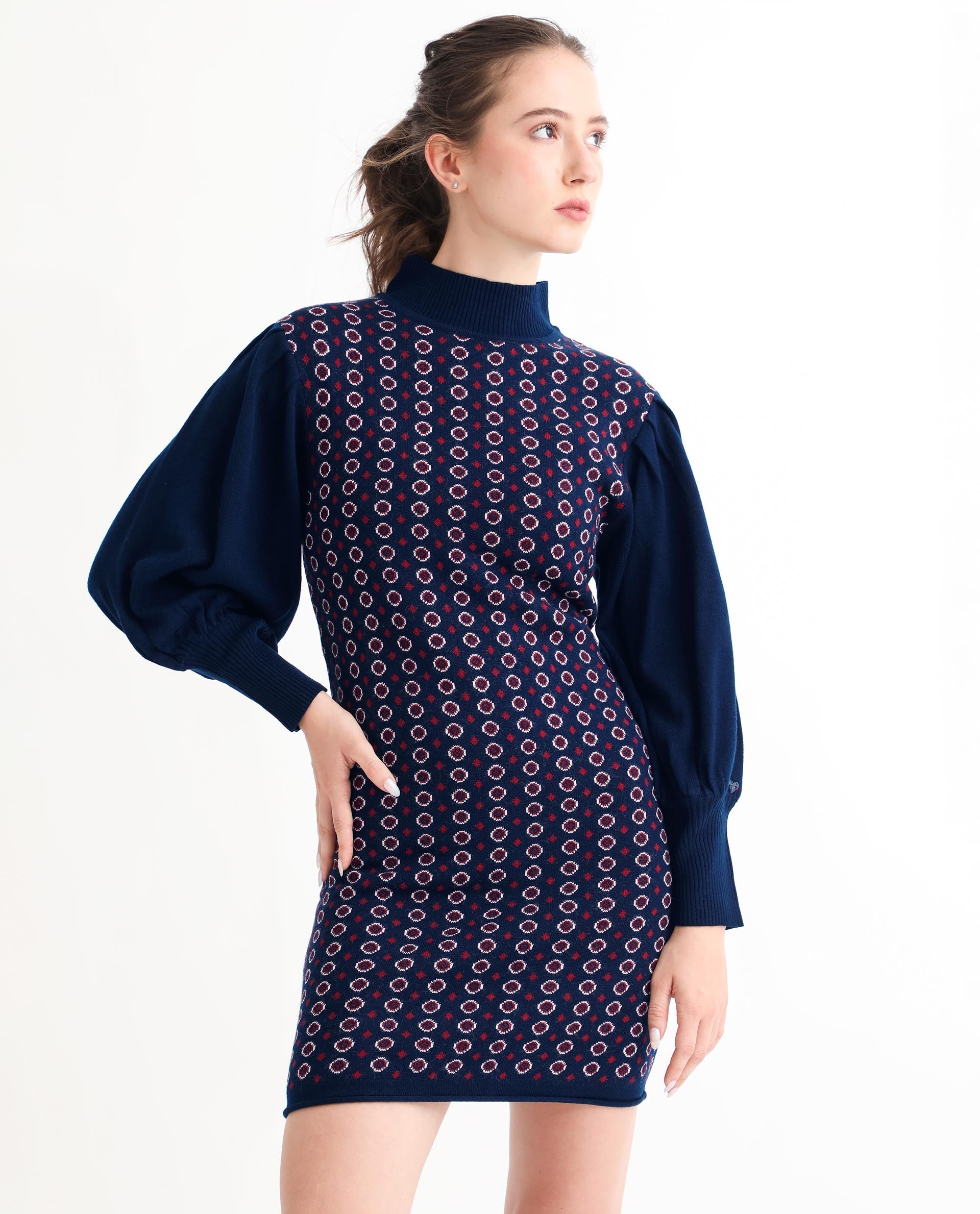 Rareism Women's Web Navy Acrylic High Neck Geometric Print Bishop Sleeve Knee Length Regular Fit Sweater