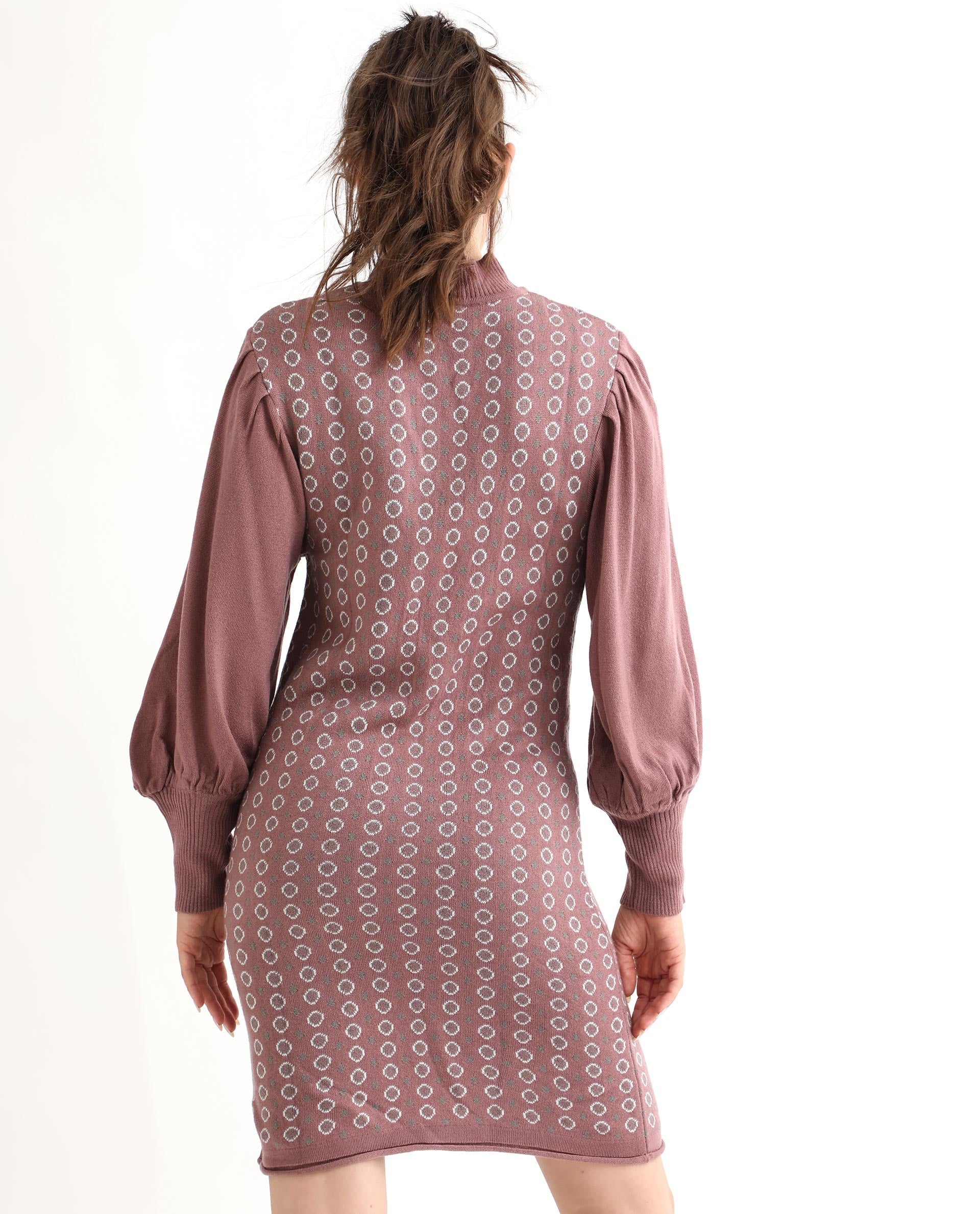 Rareism Women's Web Pink Acrylic High Neck Geometric Print Bishop Sleeve Knee Length Regular Fit Sweater