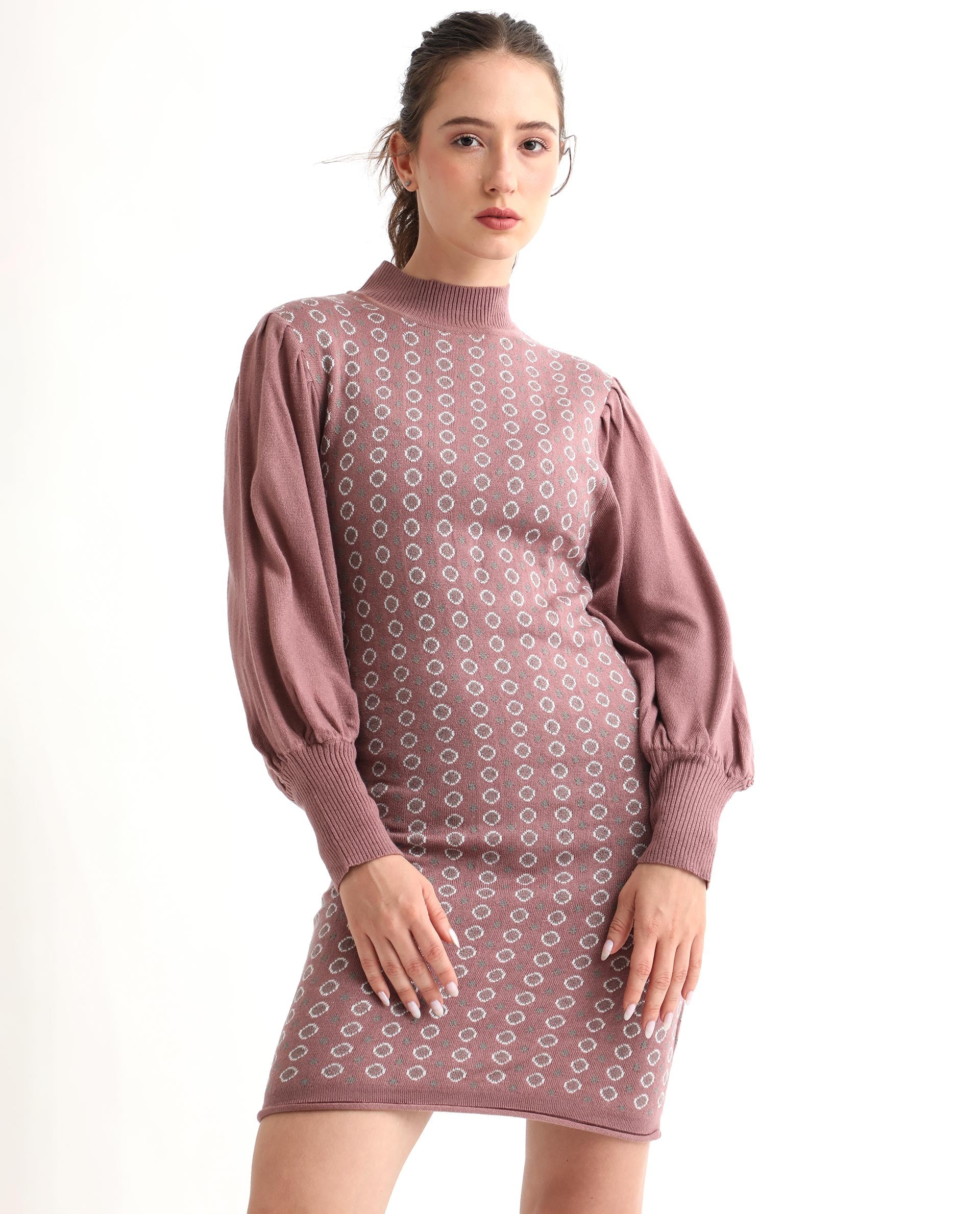 Rareism Women's Web Pink Acrylic High Neck Geometric Print Bishop Sleeve Knee Length Regular Fit Sweater