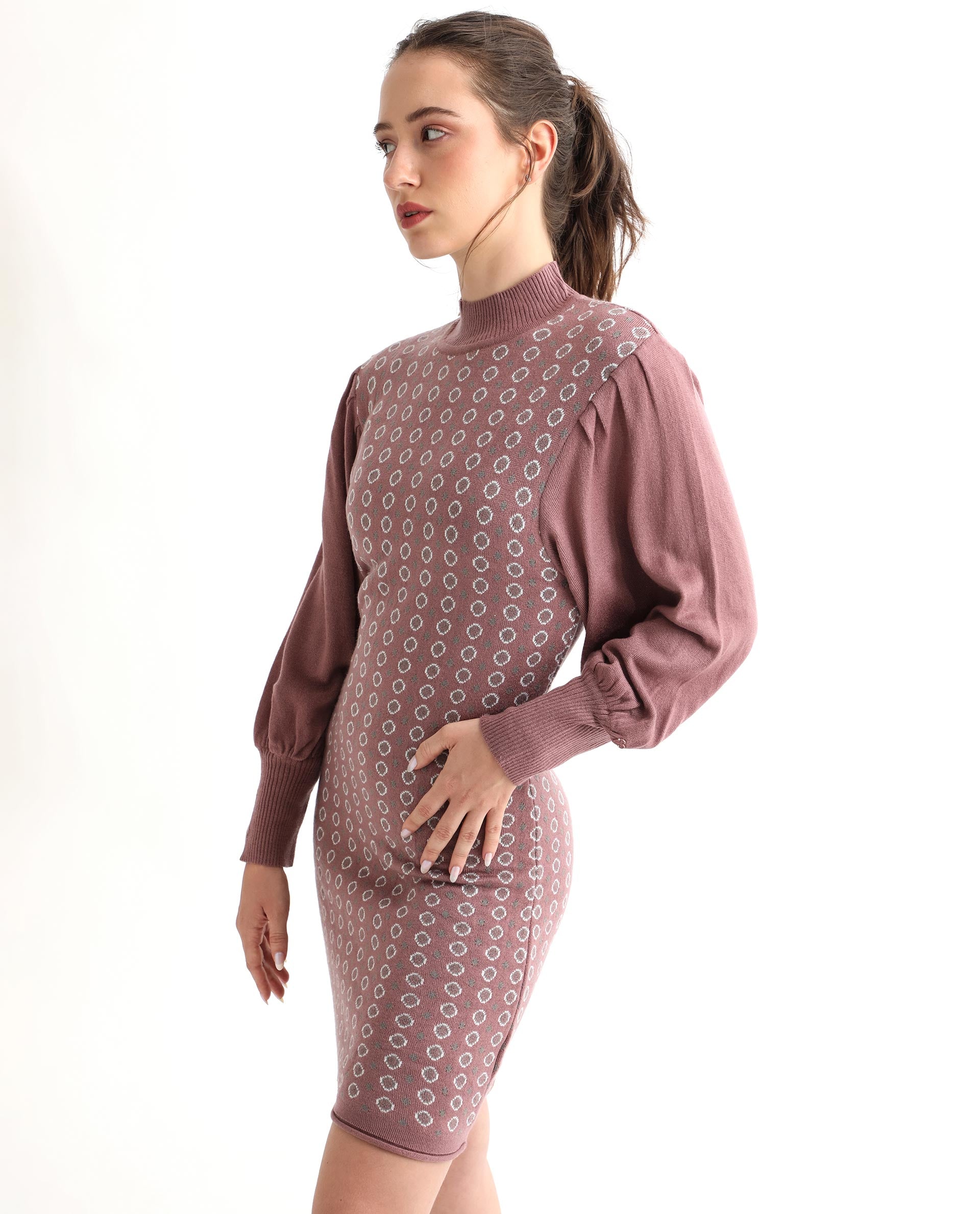 Rareism Women Web Pink Acrylic Fabric Full Sleeves Knee Length Regular Fit Geometric Print High Neck Sweater