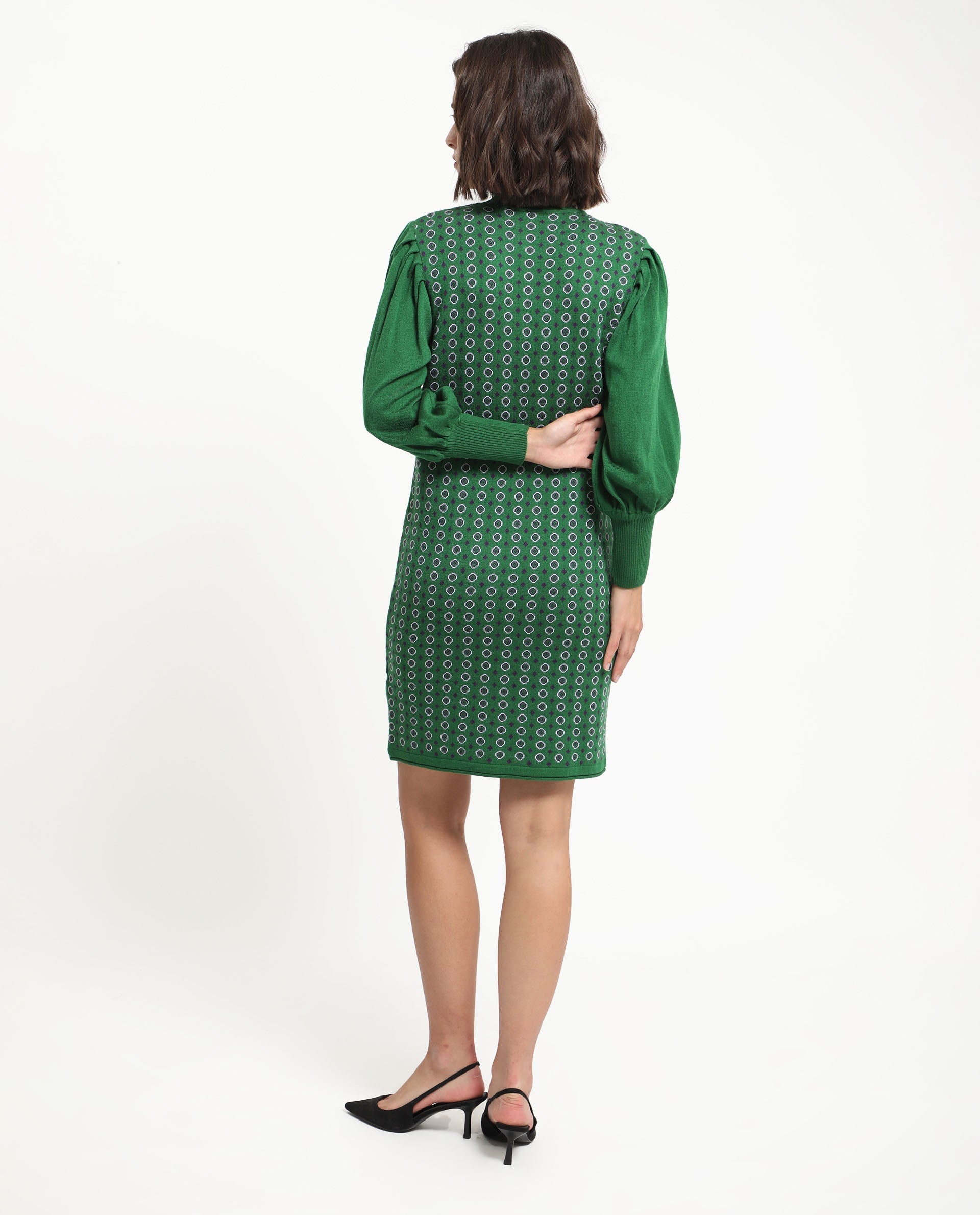 Rareism Women's Web 2 Green Acrylic High Neck Geometric Print Bishop Sleeve Knee Length Regular Fit Sweater
