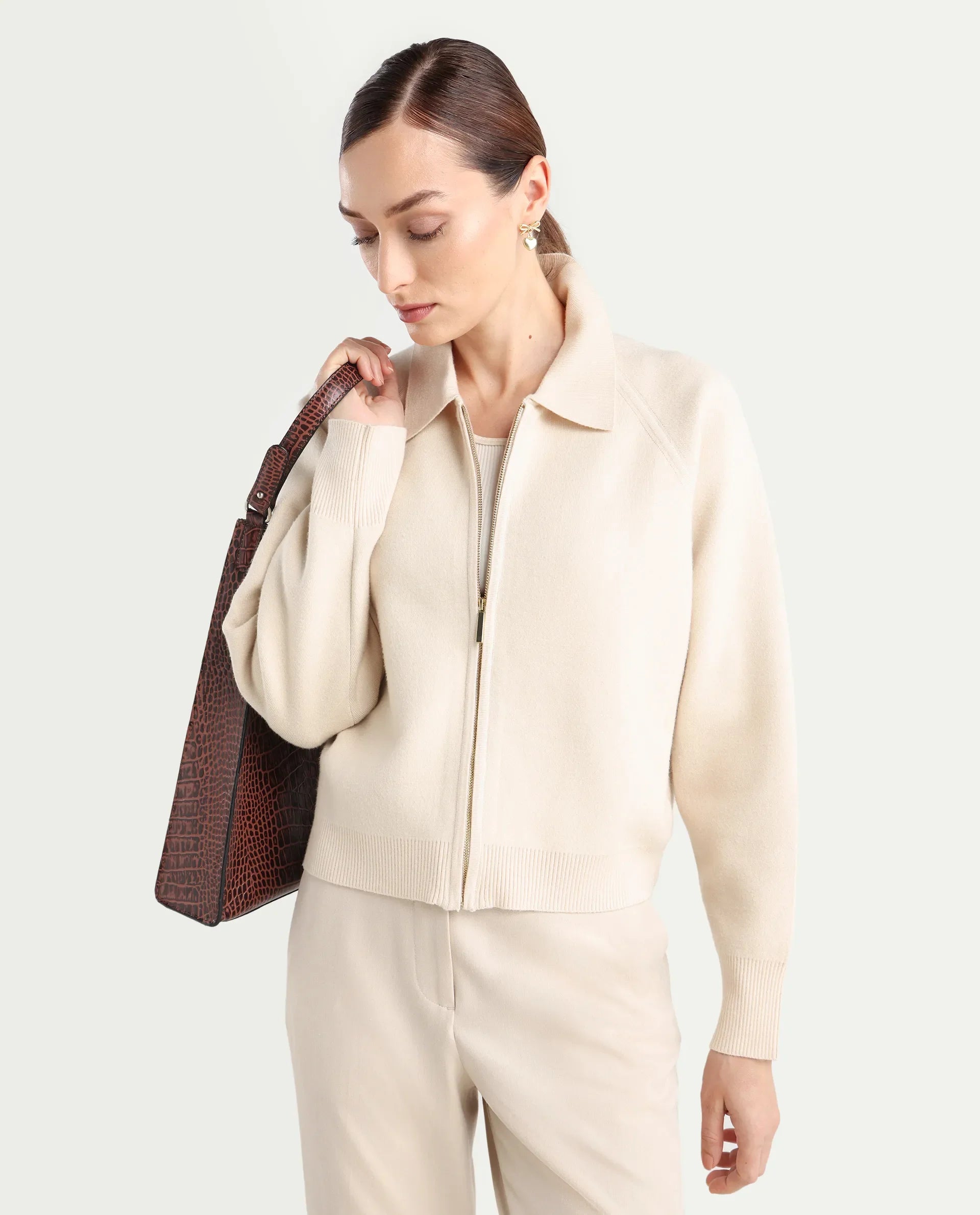 Rareism Women's Wedzo Off White Viscose Blend Spread Collar Regular Fit Plain Jacket