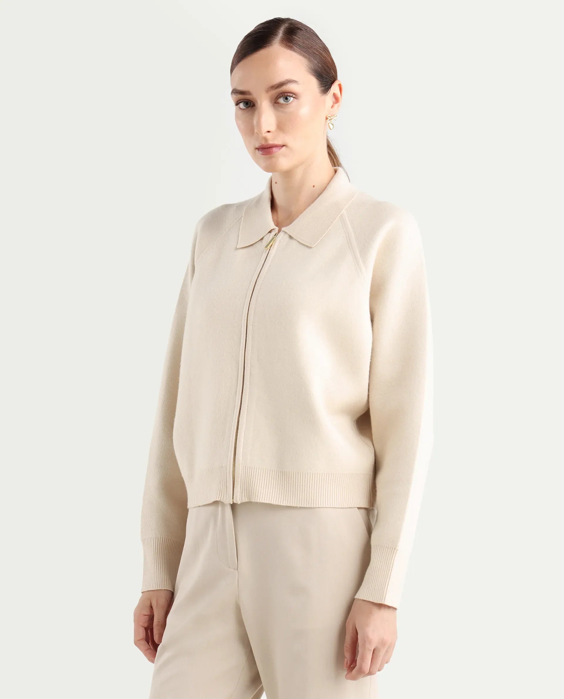 Rareism Women's Wedzo Off White Viscose Blend Spread Collar Regular Fit Plain Jacket