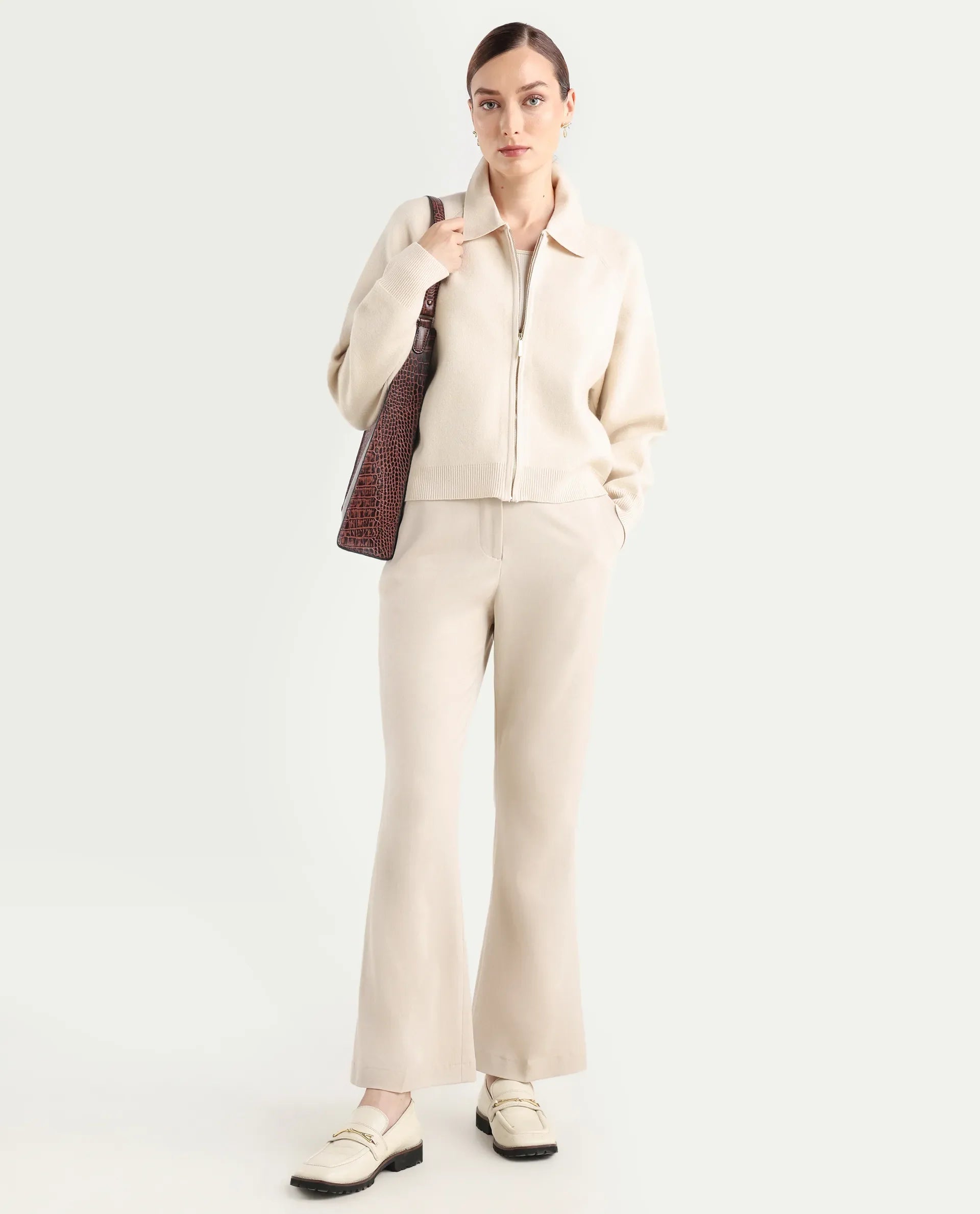 Rareism Women's Wedzo Off White Viscose Blend Spread Collar Regular Fit Plain Jacket