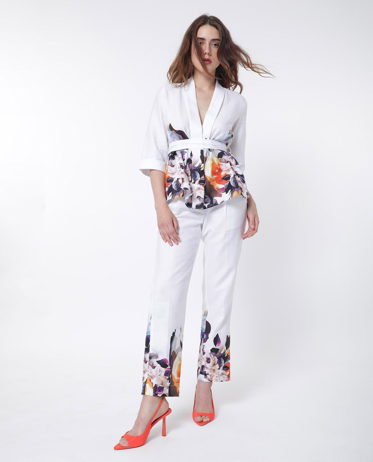 Rareism Women Wangen White Cotton Fabric 3/4Th Sleeves Tie-Up Closure Relaxed Fit Floral Print Shrug