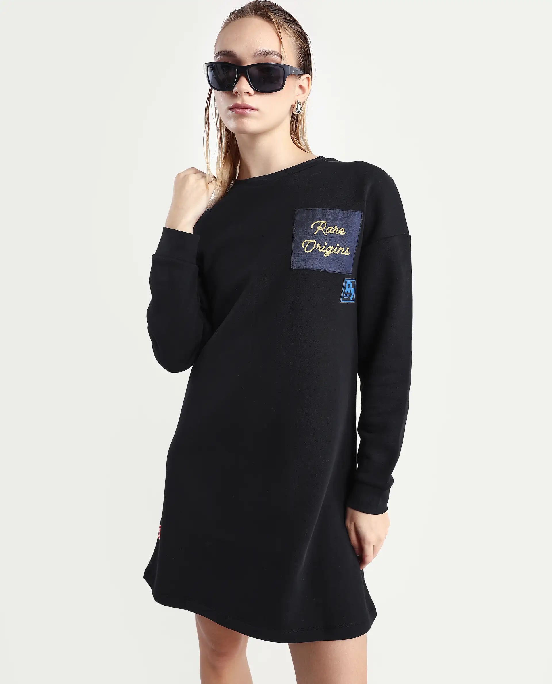 Rareism Women's Wekel Black Cotton Blend Crew Neck Plain Oversized Sweatshirt