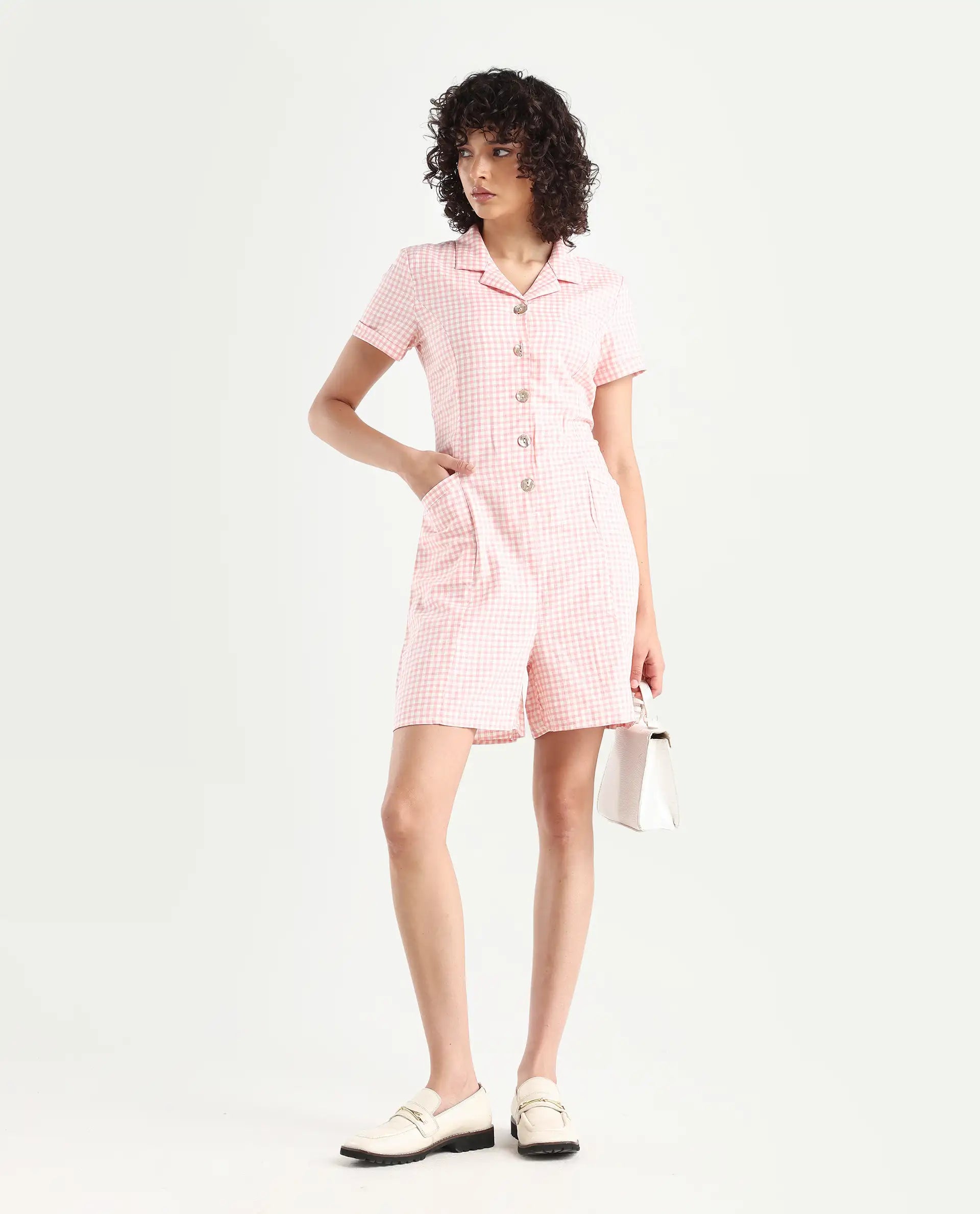 Rareism Women's Welt Peach Cotton Blend Lapel Neck Checked Regular Fit Playsuit