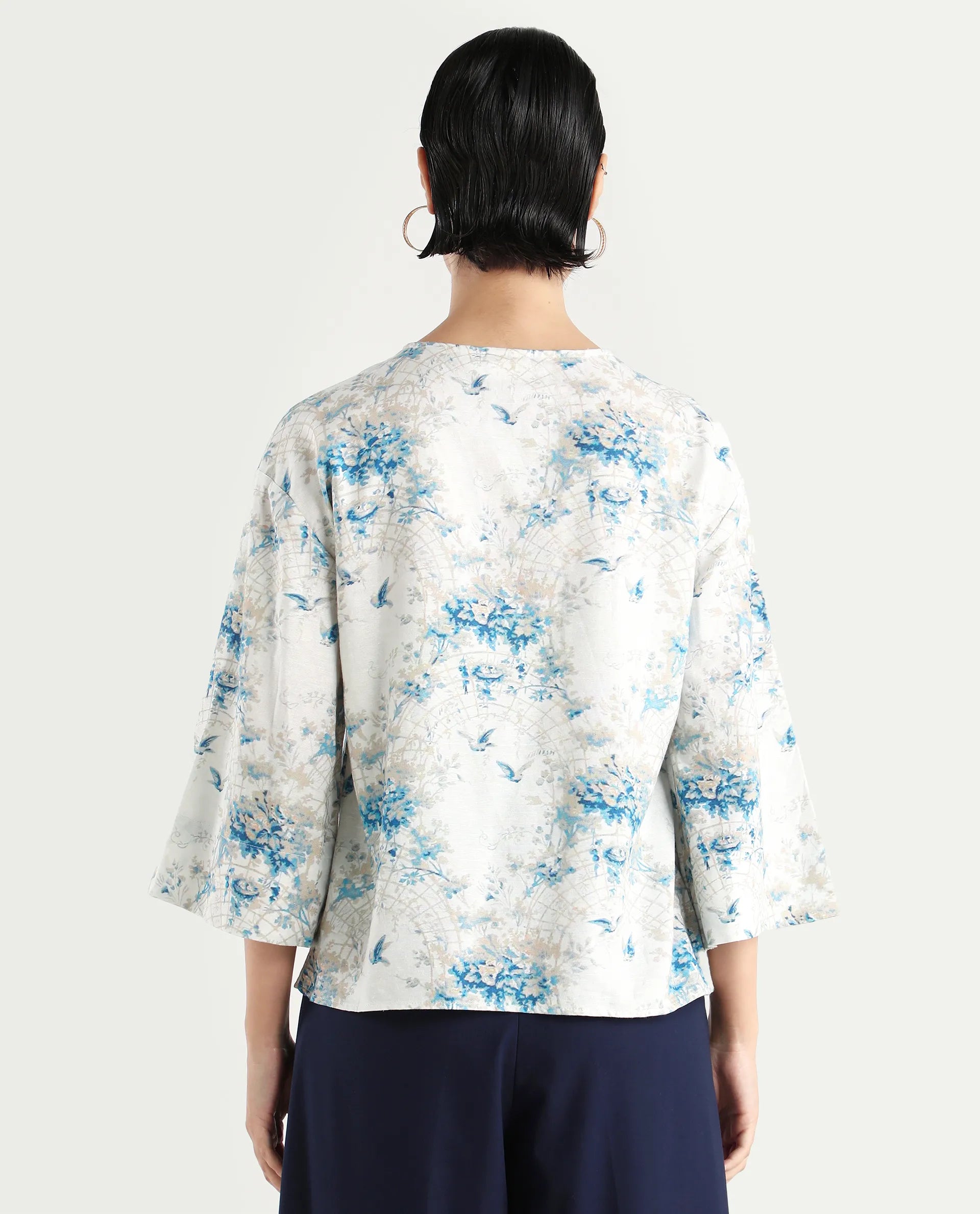 Rareism Women's Wemiso Dusky Blue Cotton Blend Tie-Up Neck Floral Print Bell Sleeve Regular Fit Top