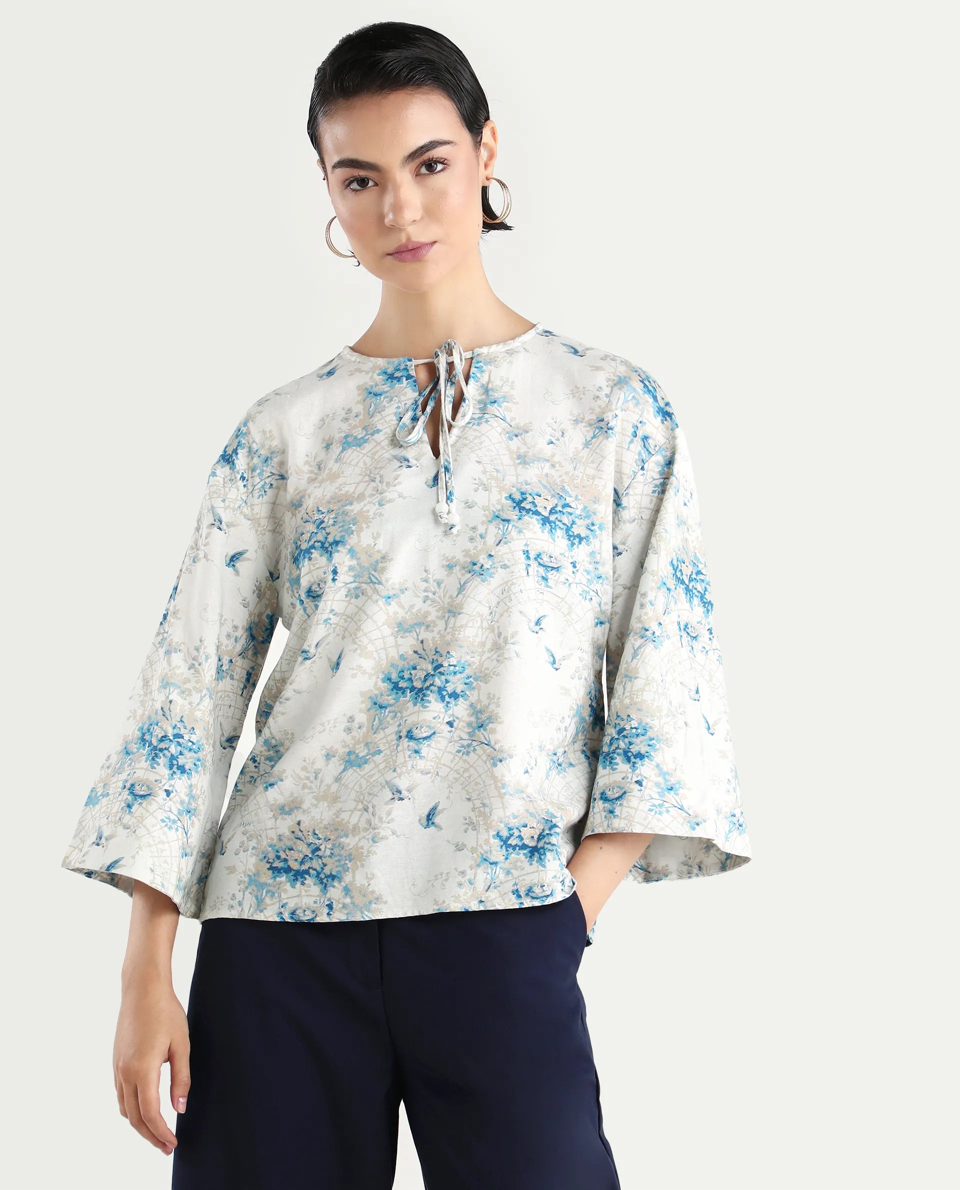Rareism Women's Wemiso Dusky Blue Cotton Blend Tie-Up Neck Floral Print Bell Sleeve Regular Fit Top