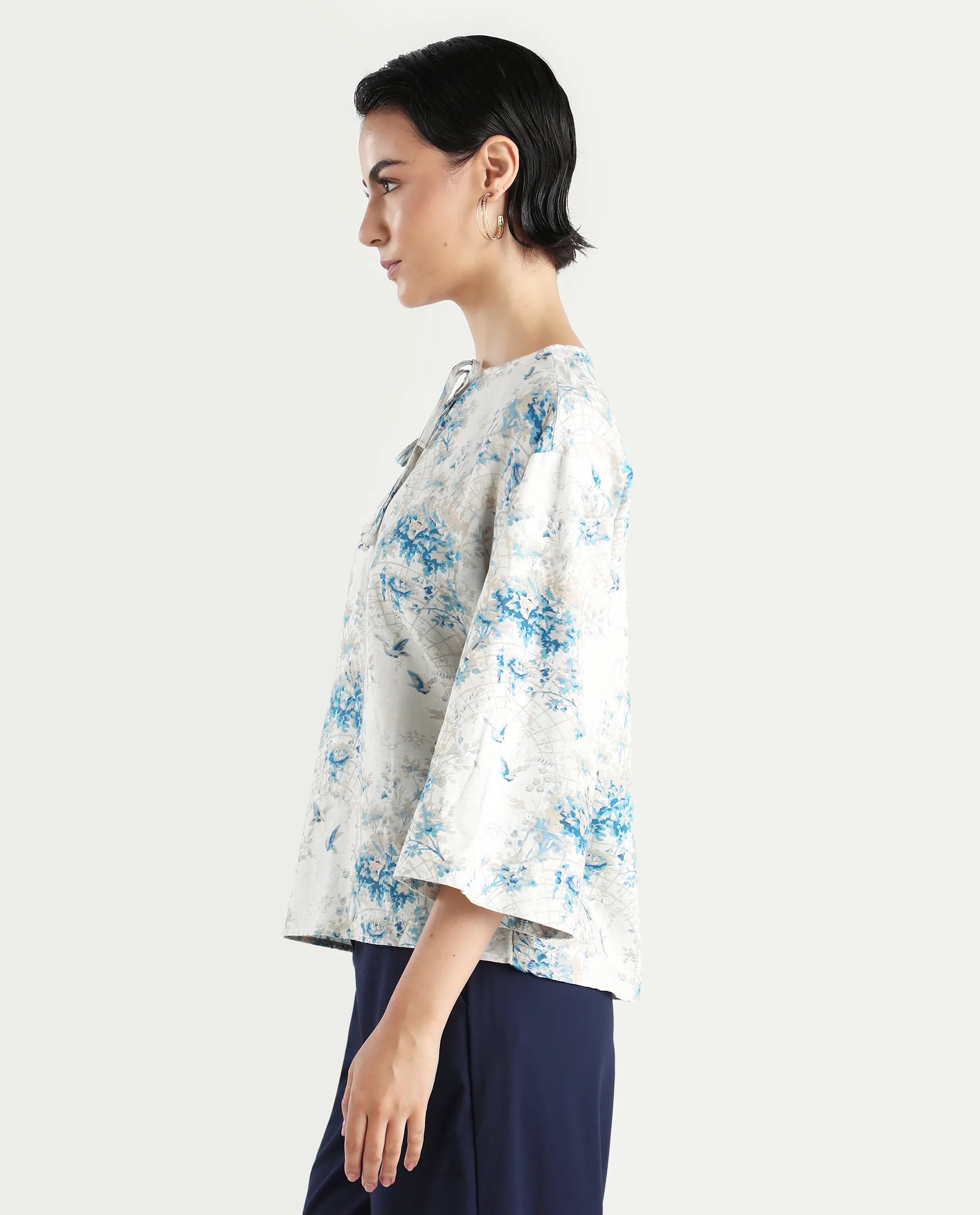 Rareism Women's Wemiso Dusky Blue Cotton Blend Tie-Up Neck Floral Print Bell Sleeve Regular Fit Top