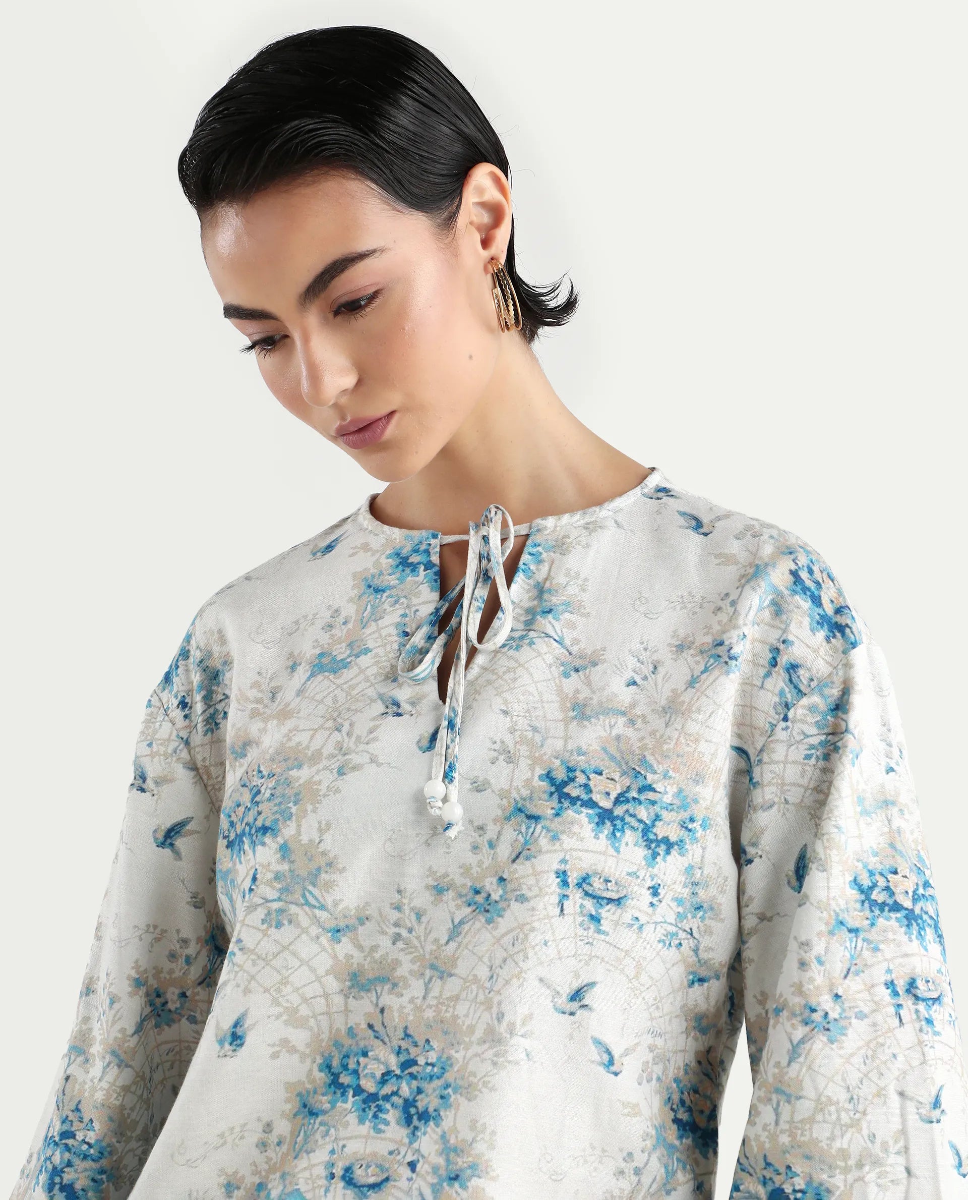 Rareism Women's Wemiso Dusky Blue Cotton Blend Tie-Up Neck Floral Print Bell Sleeve Regular Fit Top