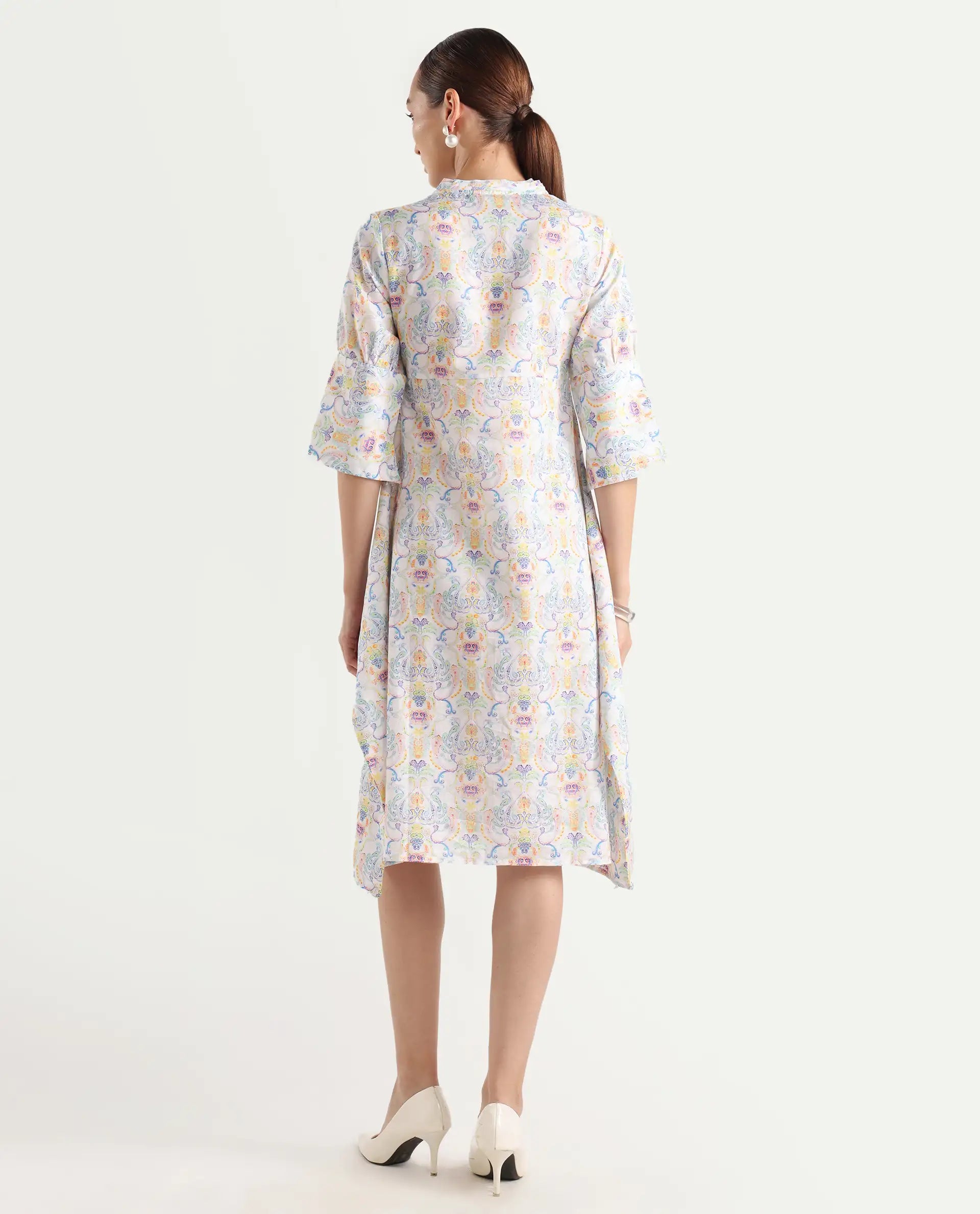 Rareism Women's Wherry Multi Linen V-Neck Abstract Print Midi Regular Fit Dress