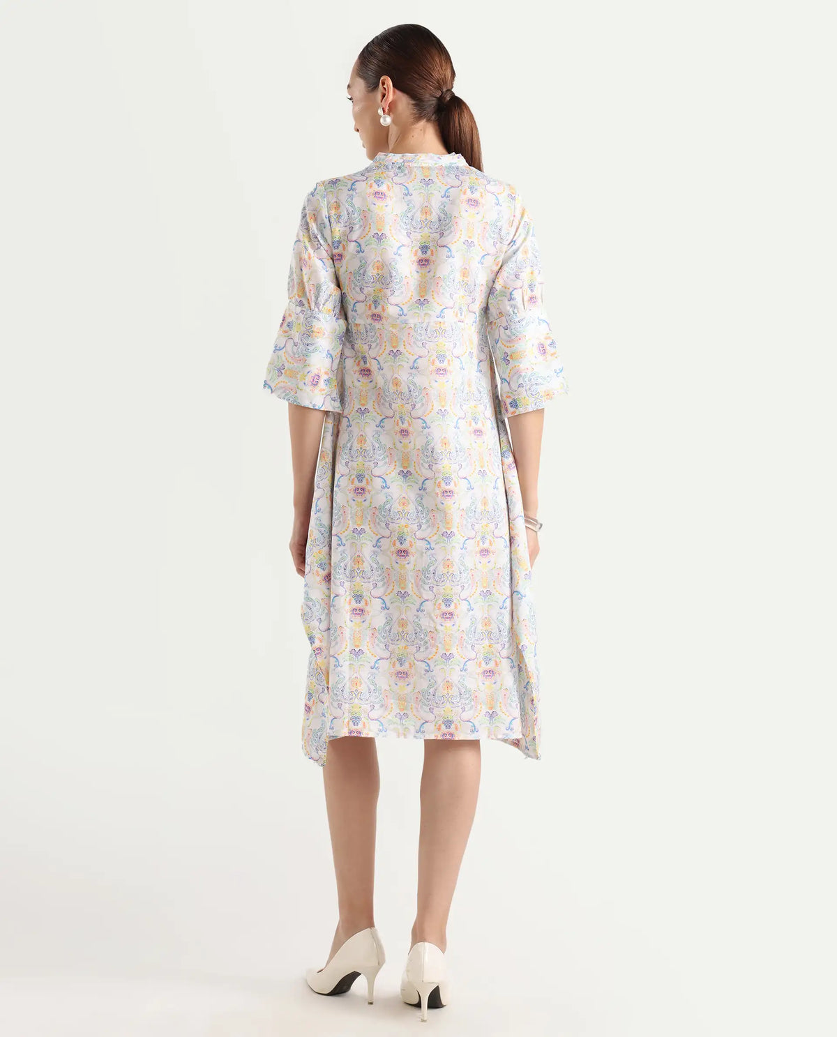 Rareism Women's Wherry Multi Linen V-Neck Abstract Print Midi Regular Fit Dress