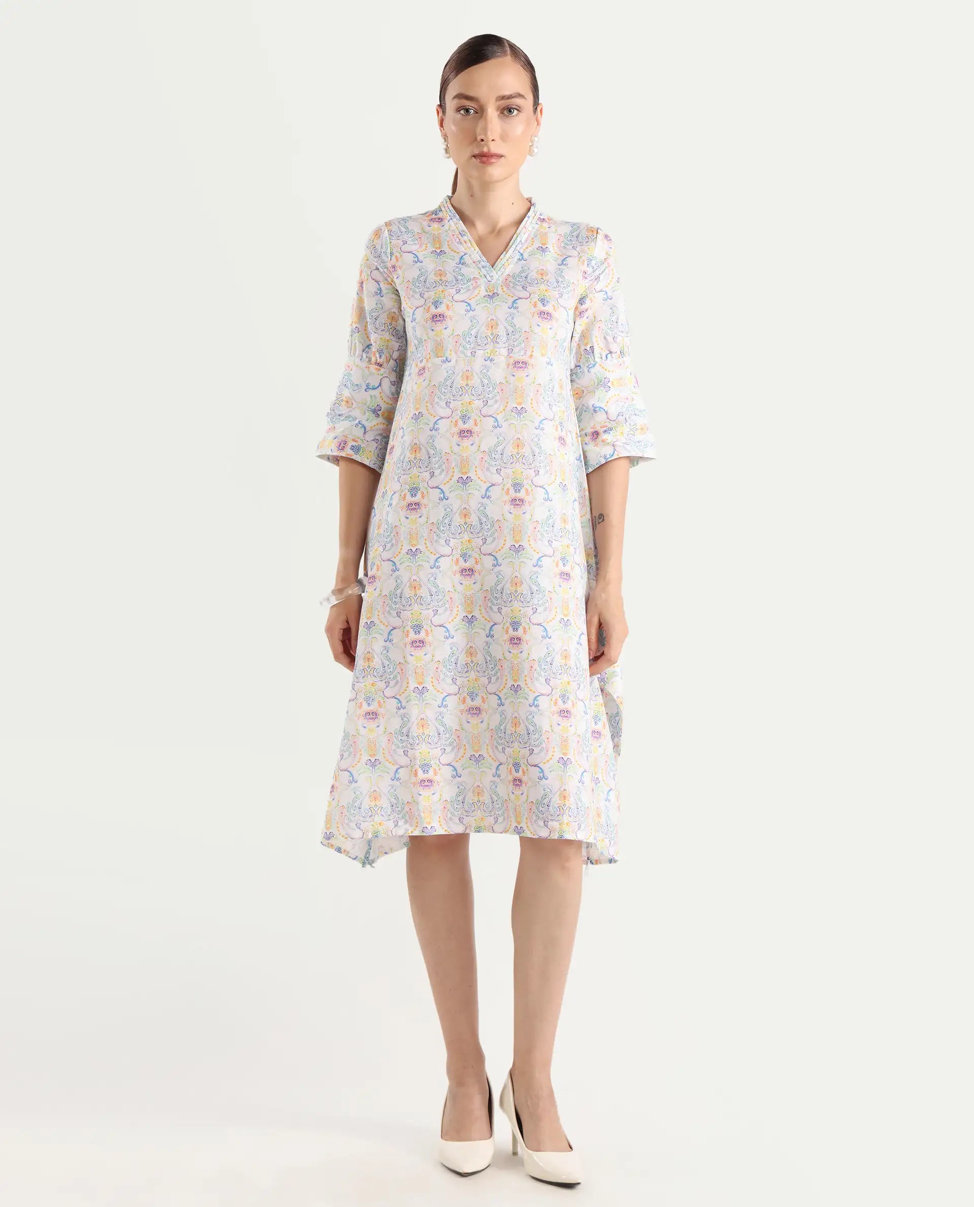 Rareism Women's Wherry Multi Linen V-Neck Abstract Print Midi Regular Fit Dress