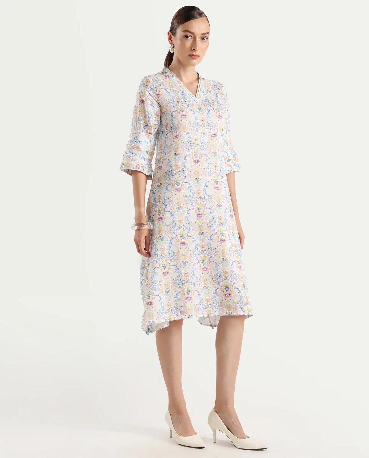 Rareism Women's Wherry Multi Linen V-Neck Abstract Print Midi Regular Fit Dress